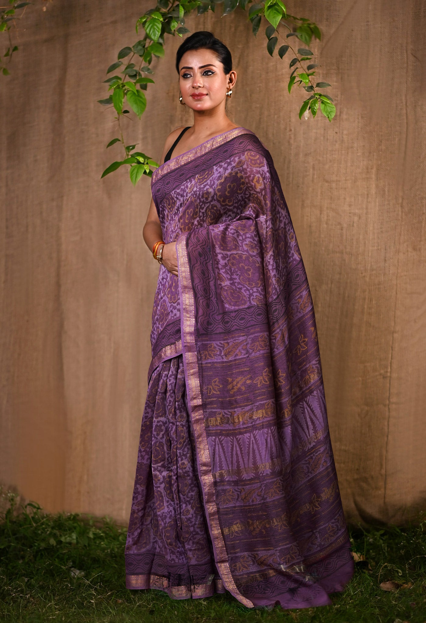 Violet Pure Vanaspathi Block Printed Maheshwari Sico Saree-UNM81773