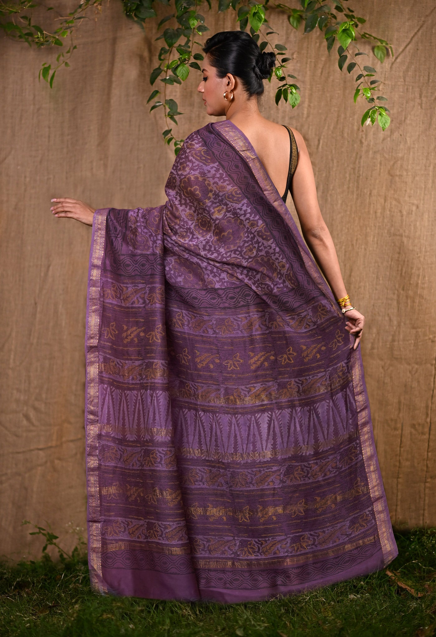 Violet Pure Vanaspathi Block Printed Maheshwari Sico Saree-UNM81773