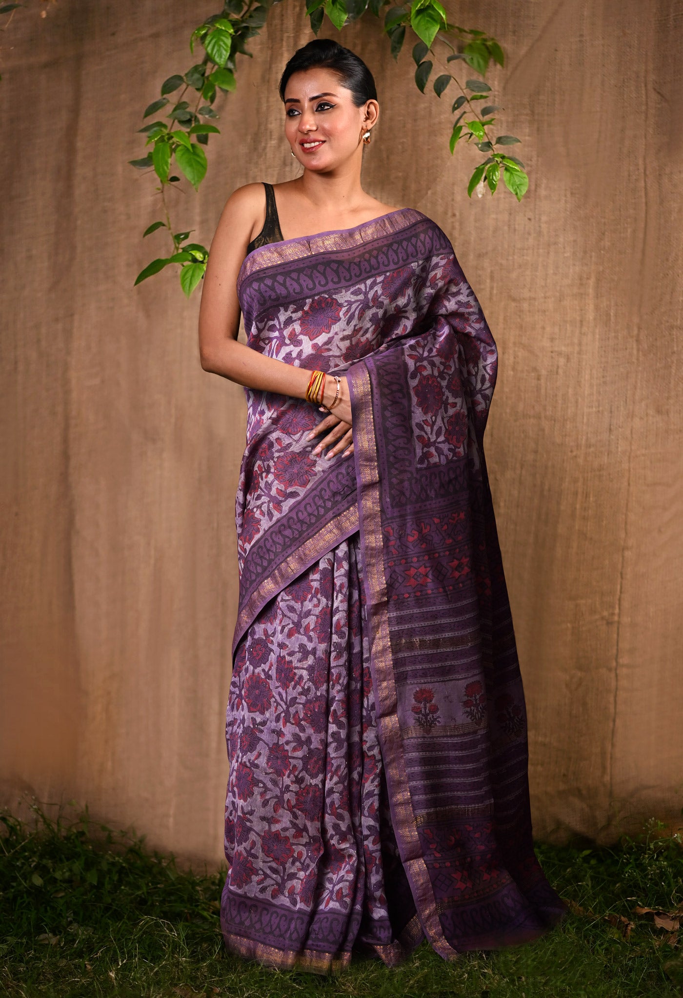 Violet Pure Vanaspathi Block Printed Maheshwari Sico Saree-UNM81774