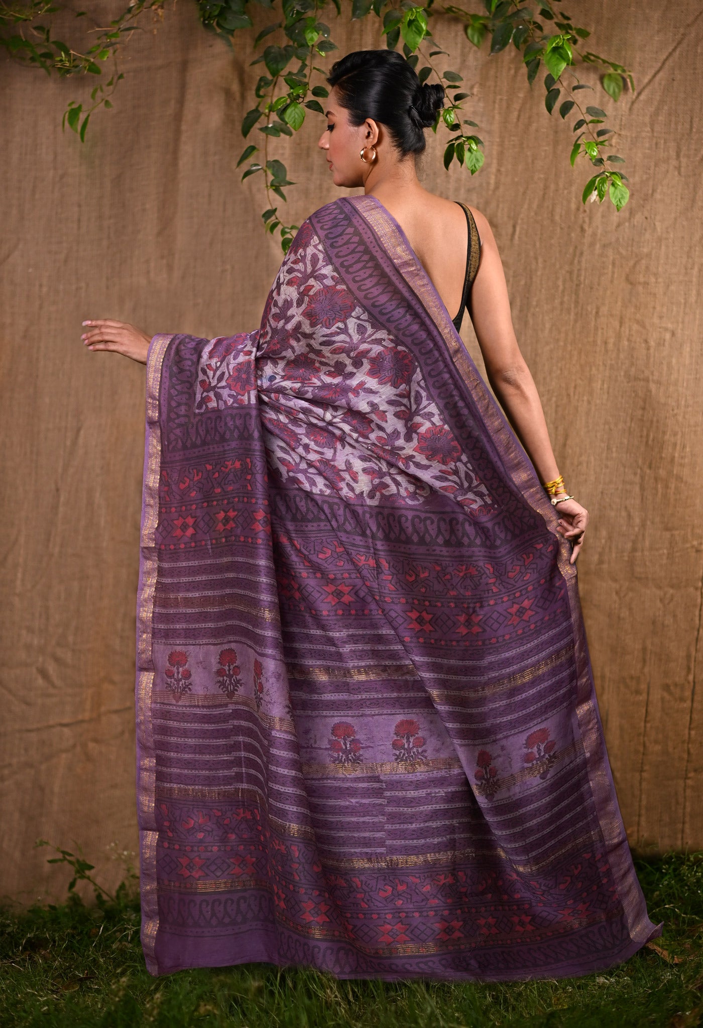 Violet Pure Vanaspathi Block Printed Maheshwari Sico Saree-UNM81774