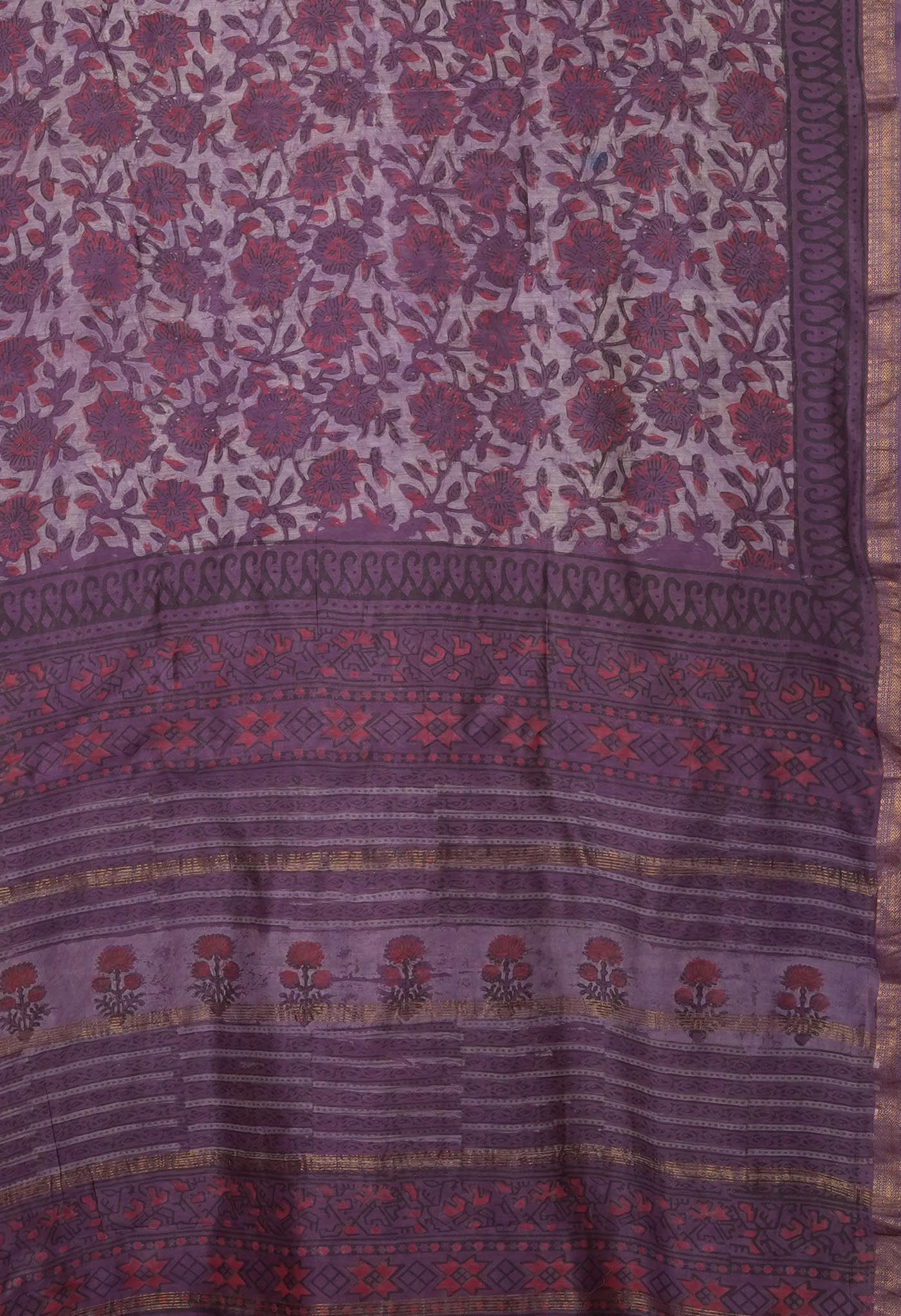 Violet Pure Vanaspathi Block Printed Maheshwari Sico Saree-UNM81774