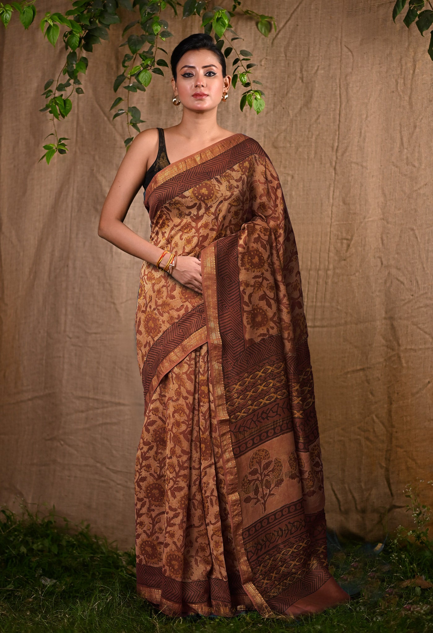 Brown Pure Vanaspathi Block Printed Maheshwari Sico Saree-UNM81776