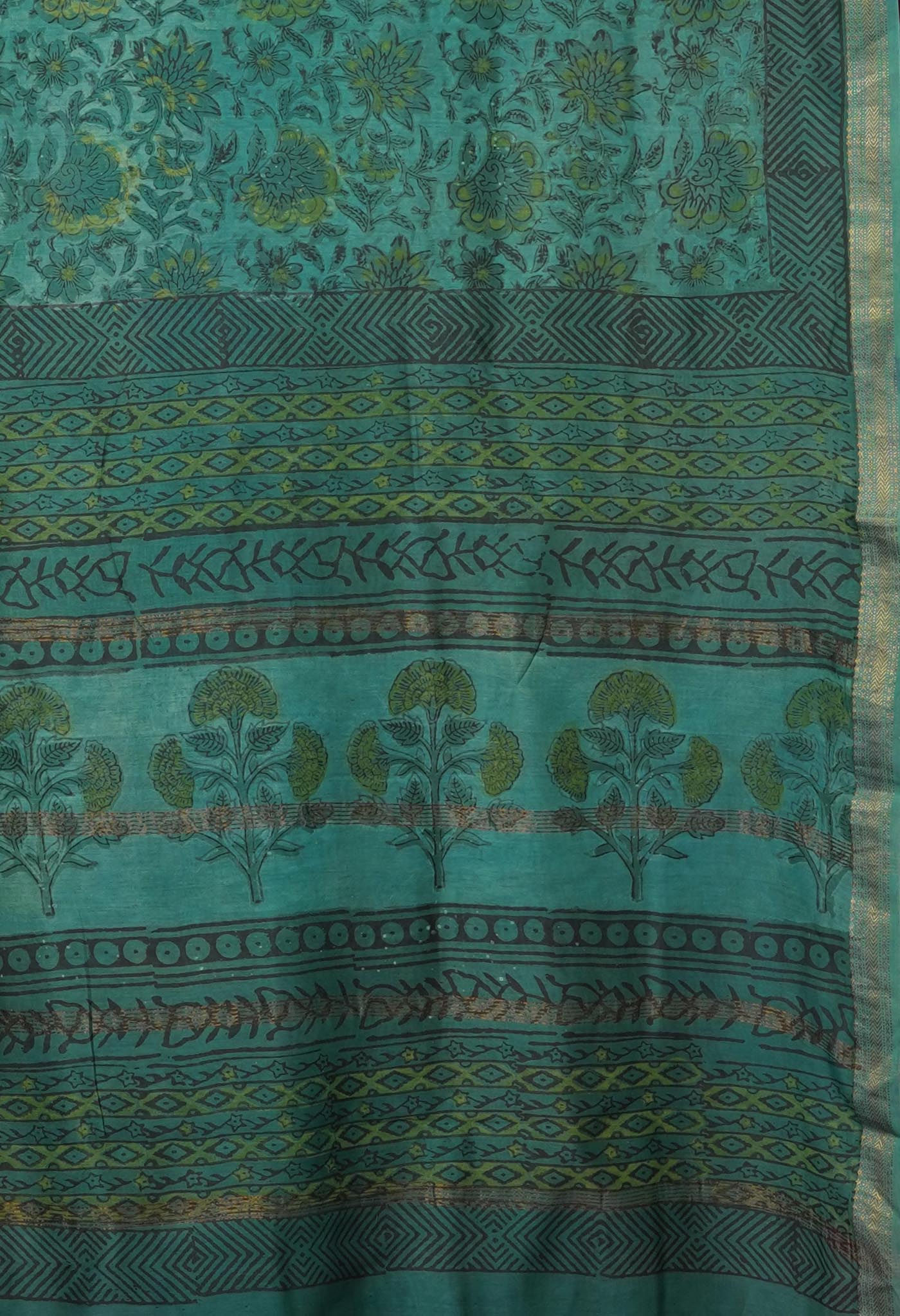 Turquoise Blue Pure Vanaspathi Block Printed Maheshwari Sico Saree-UNM81777