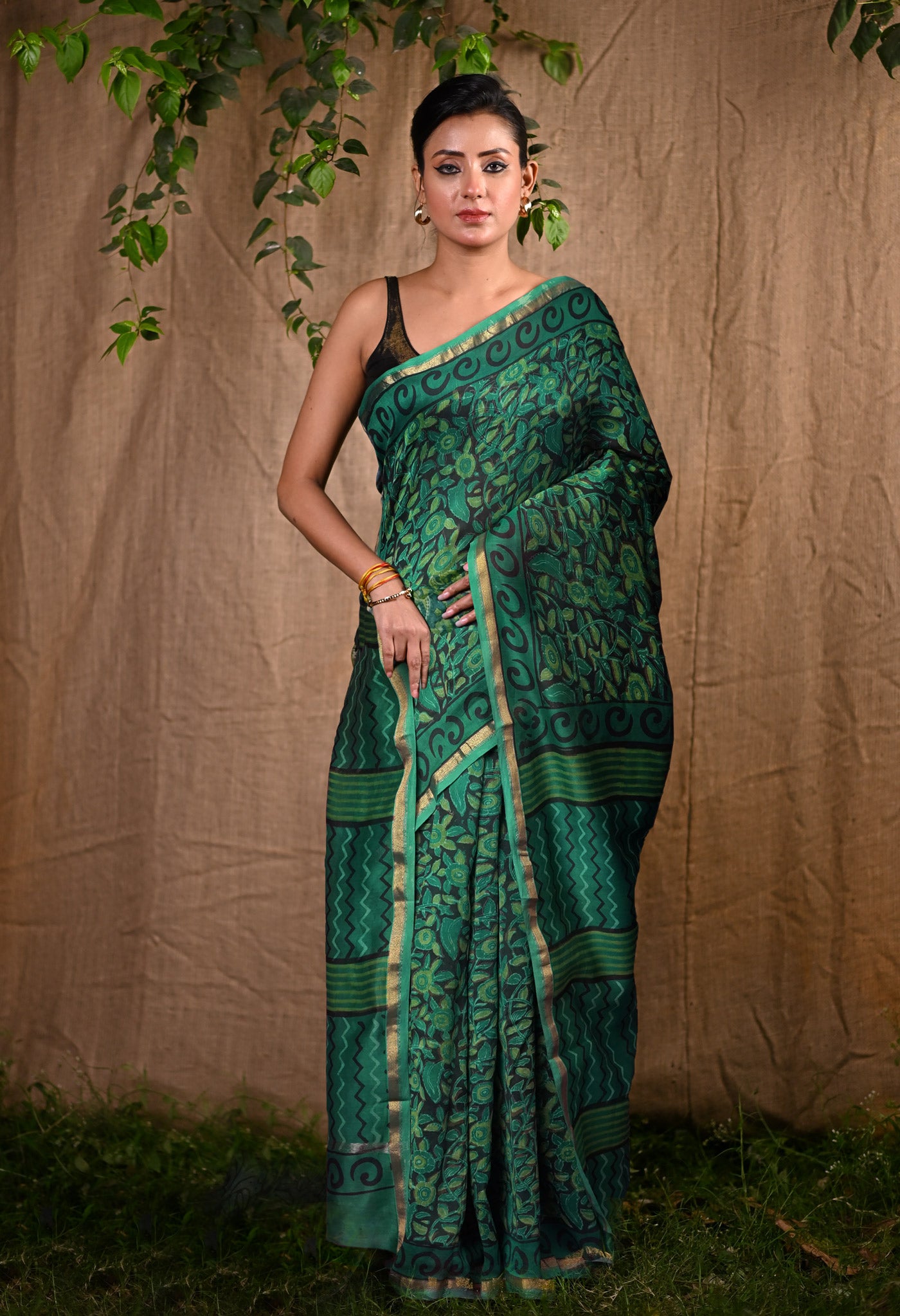 Green Pure Vanaspati Block Printed Chanderi Sico Saree-UNM81778