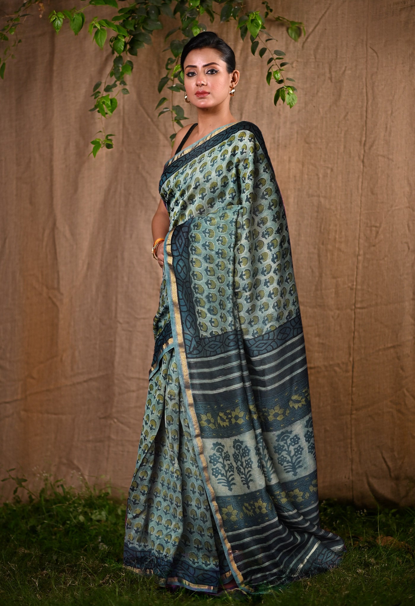 Blue Pure Vanaspati Block Printed Chanderi Sico Saree-UNM81779