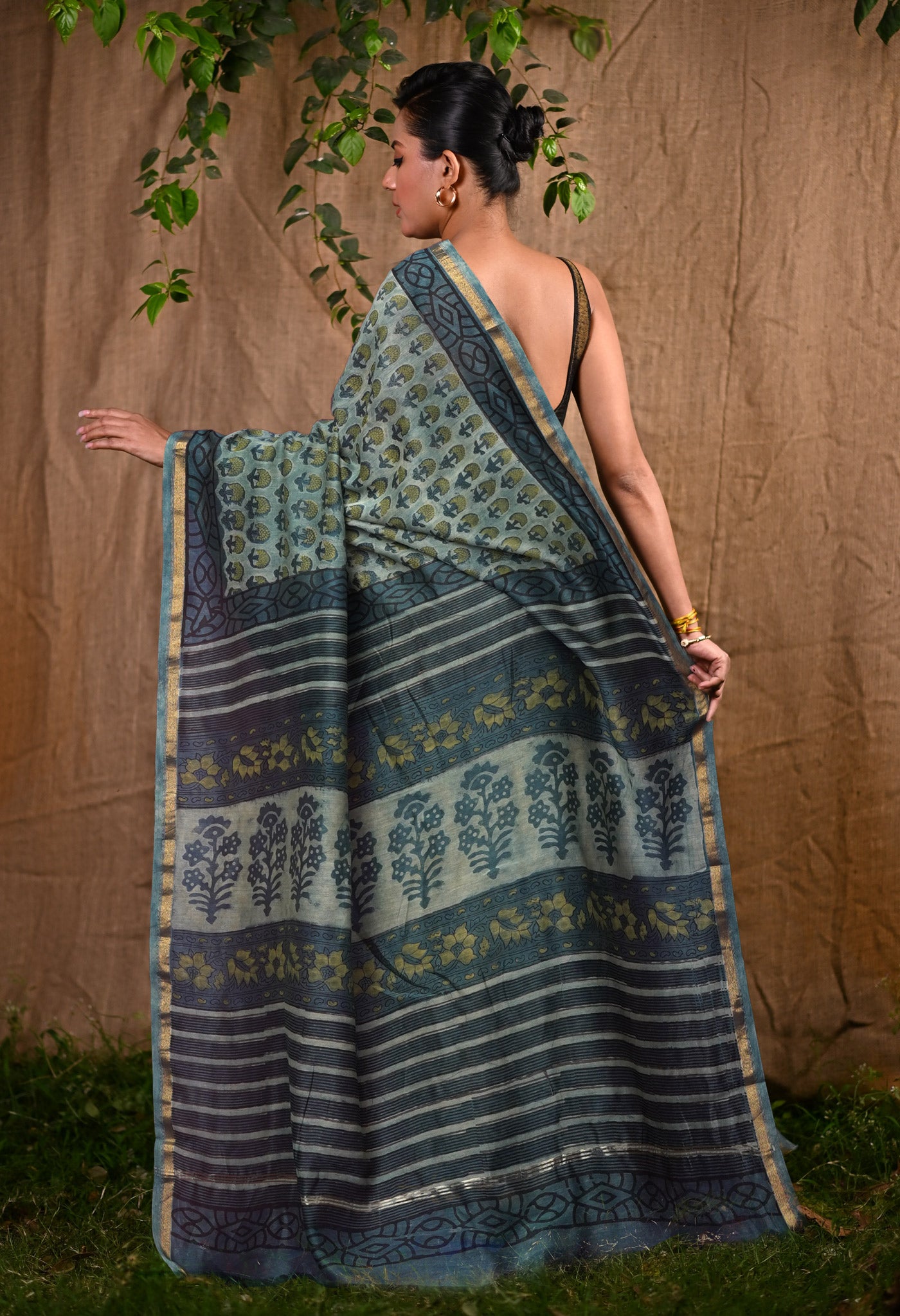 Blue Pure Vanaspati Block Printed Chanderi Sico Saree-UNM81779