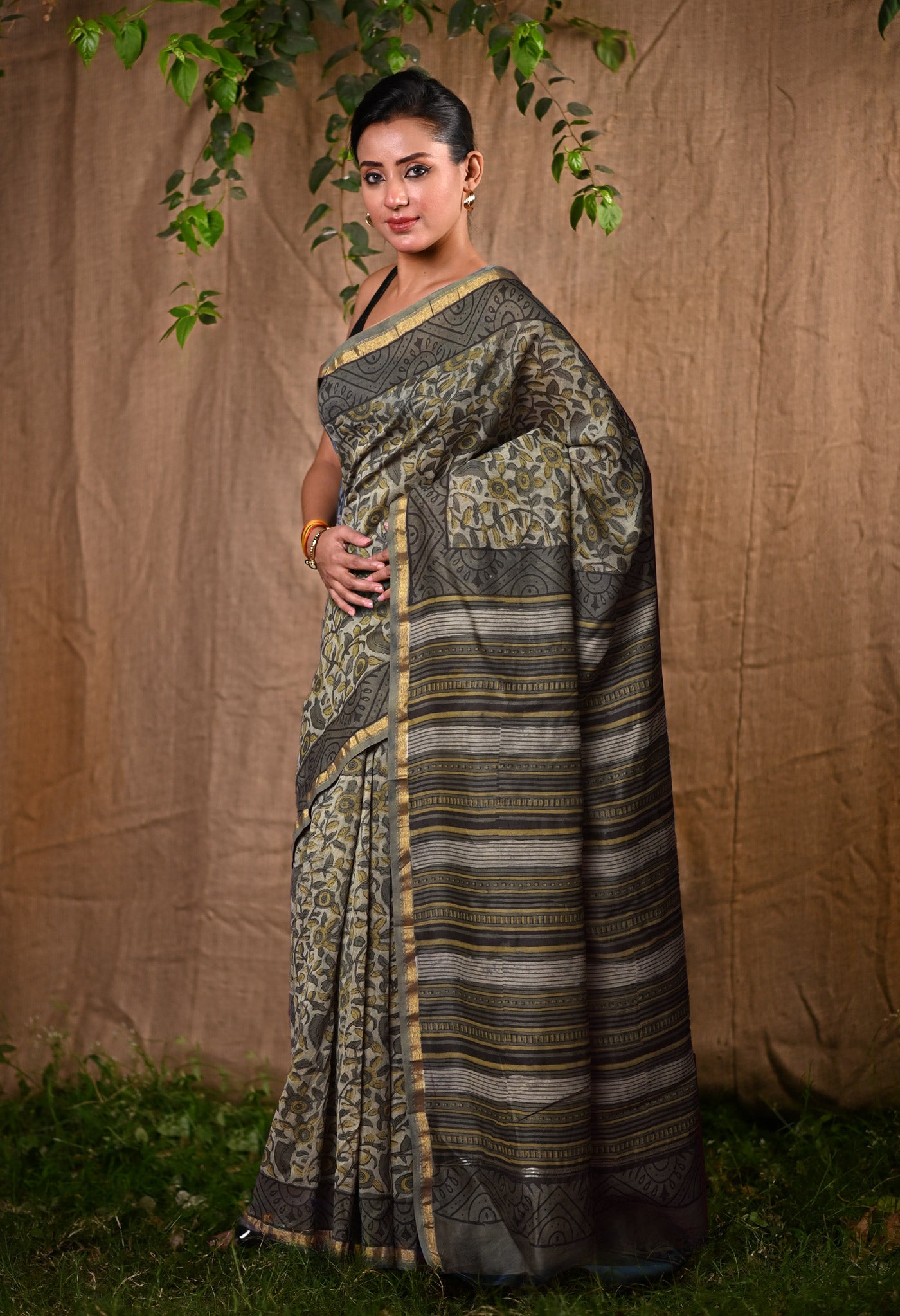 Green-Grey Pure Vanaspati Block Printed Chanderi Sico Saree-UNM81780