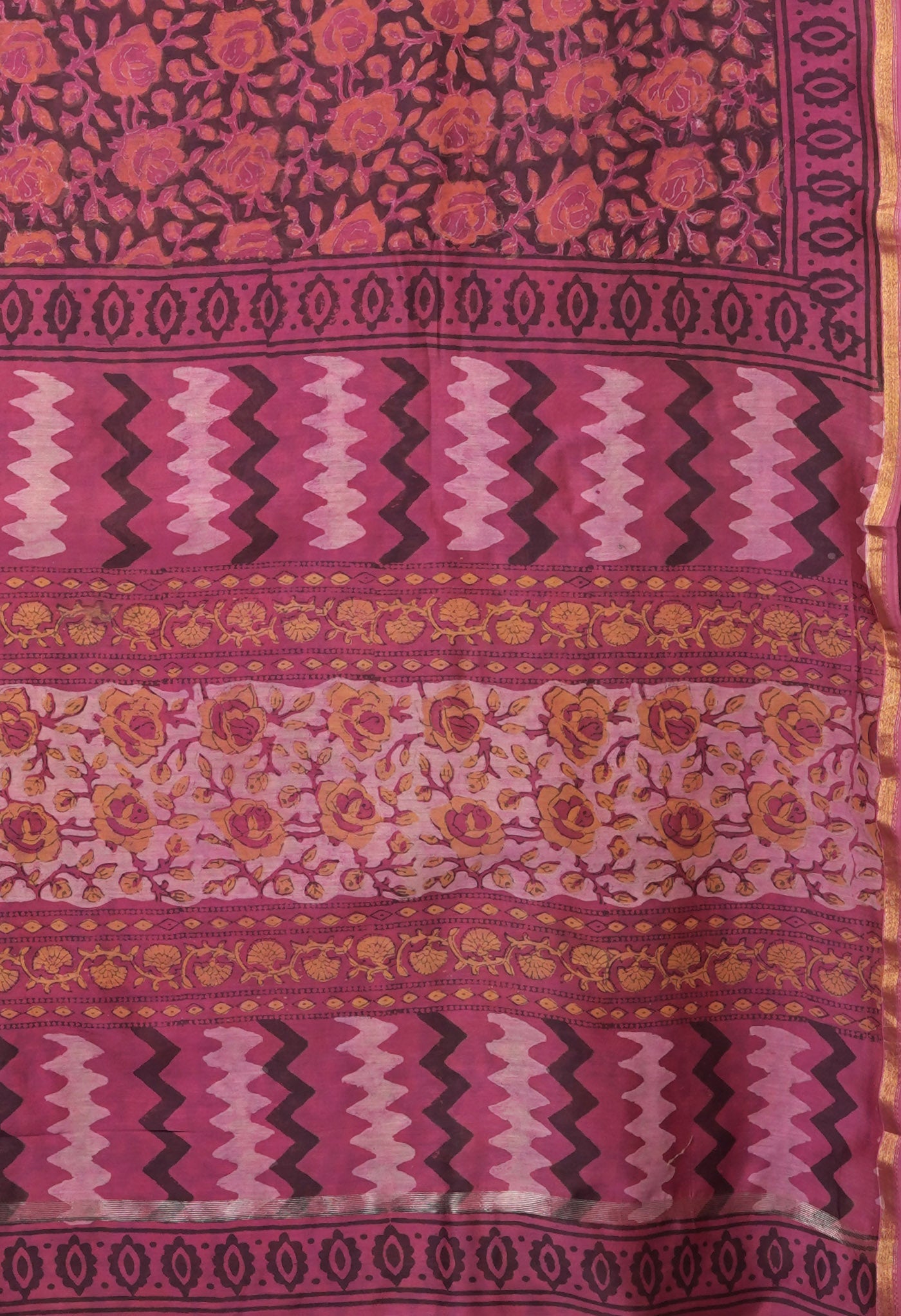 Pink-Black Pure Vanaspati Block Printed Chanderi Sico Saree-UNM81781