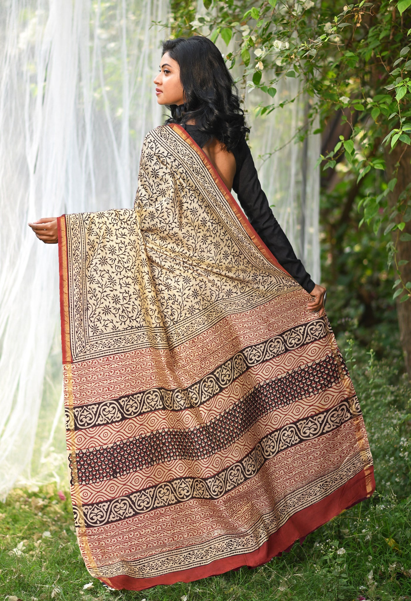 Cream Pure Bagru Kalamkari Printed Chanderi Sico Saree-UNM81809