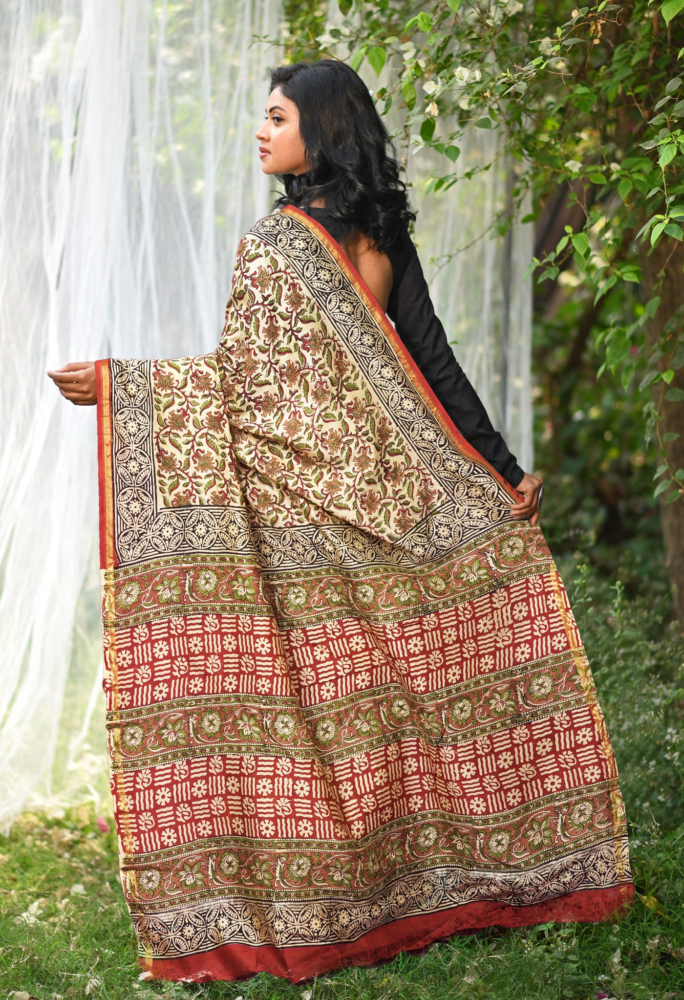 Cream Pure Bagru Kalamkari Printed Chanderi Sico Saree-UNM81810