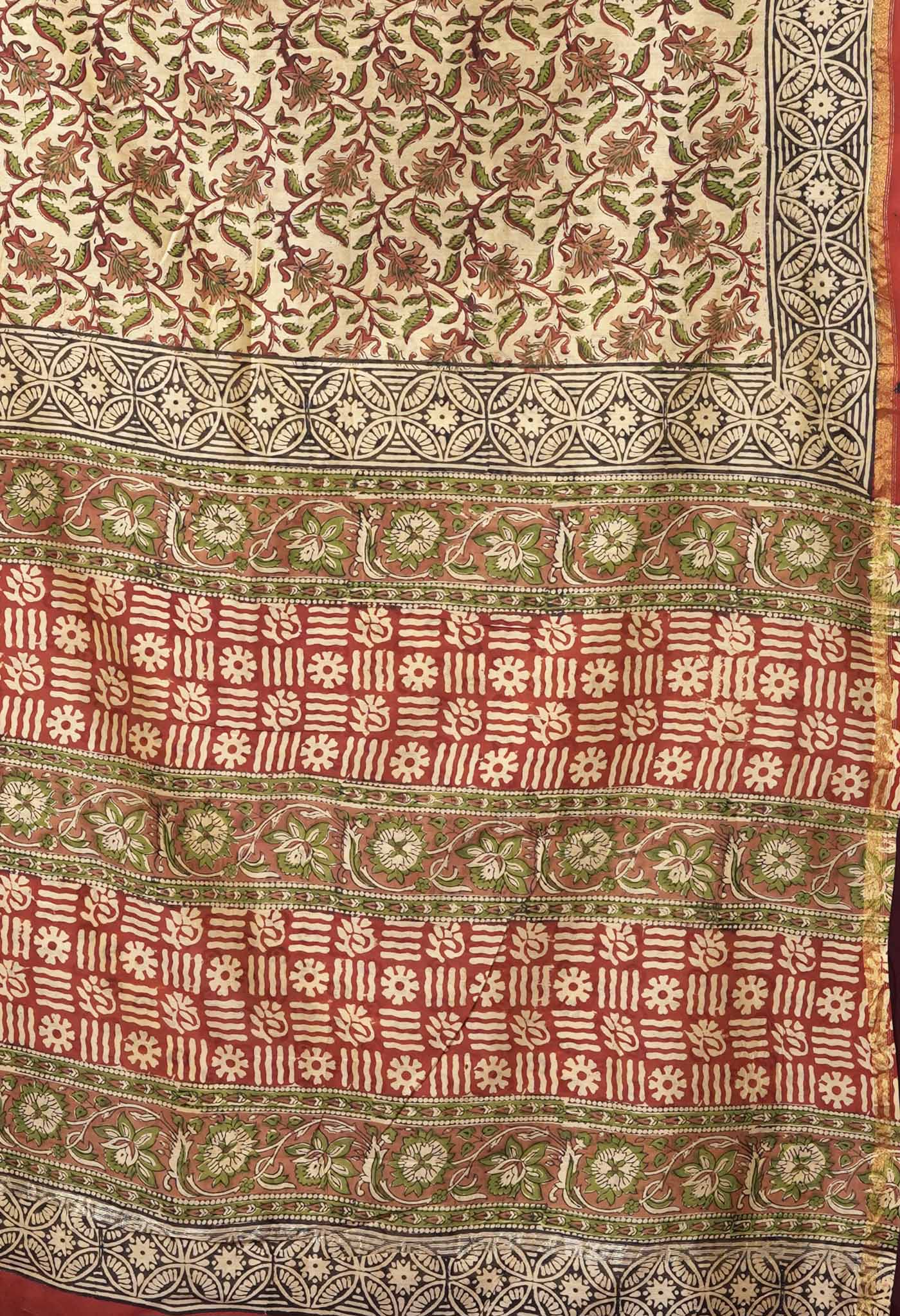 Cream Pure Bagru Kalamkari Printed Chanderi Sico Saree-UNM81810