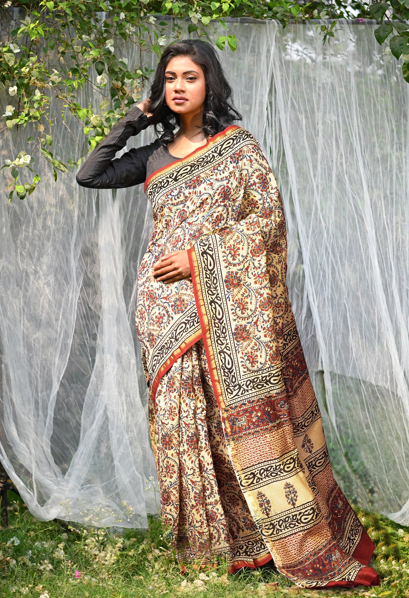 Cream Pure Bagru Kalamkari Printed Chanderi Sico Saree-UNM81811