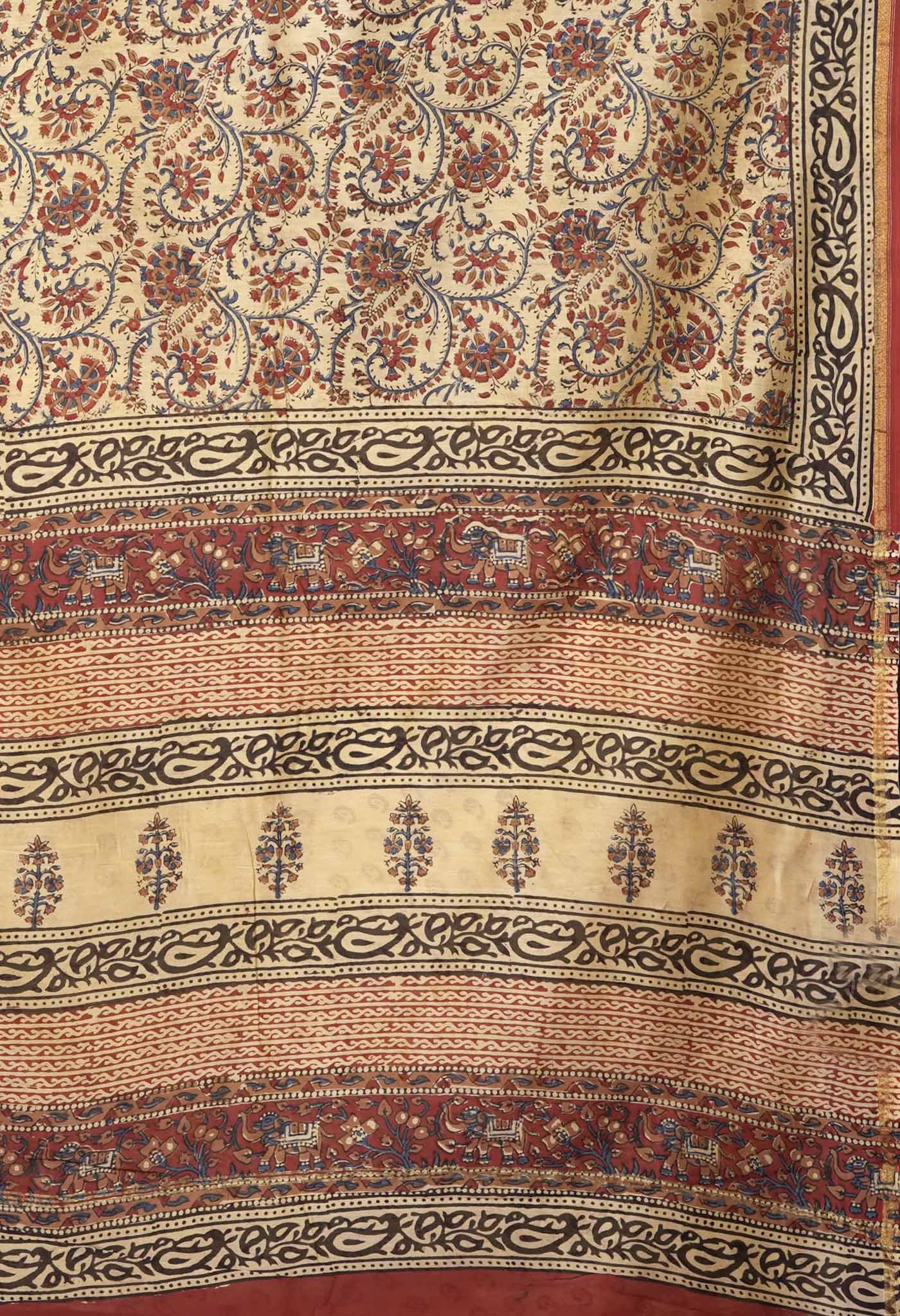 Cream Pure Bagru Kalamkari Printed Chanderi Sico Saree-UNM81811