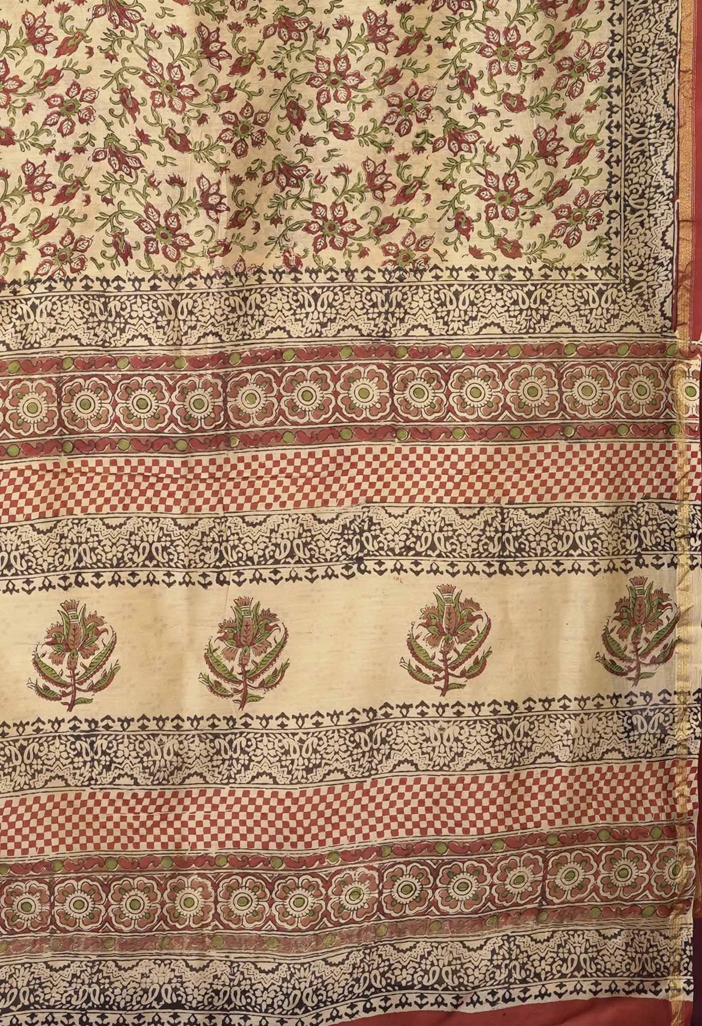 Cream Pure Bagru Kalamkari Printed Chanderi Sico Saree-UNM81812