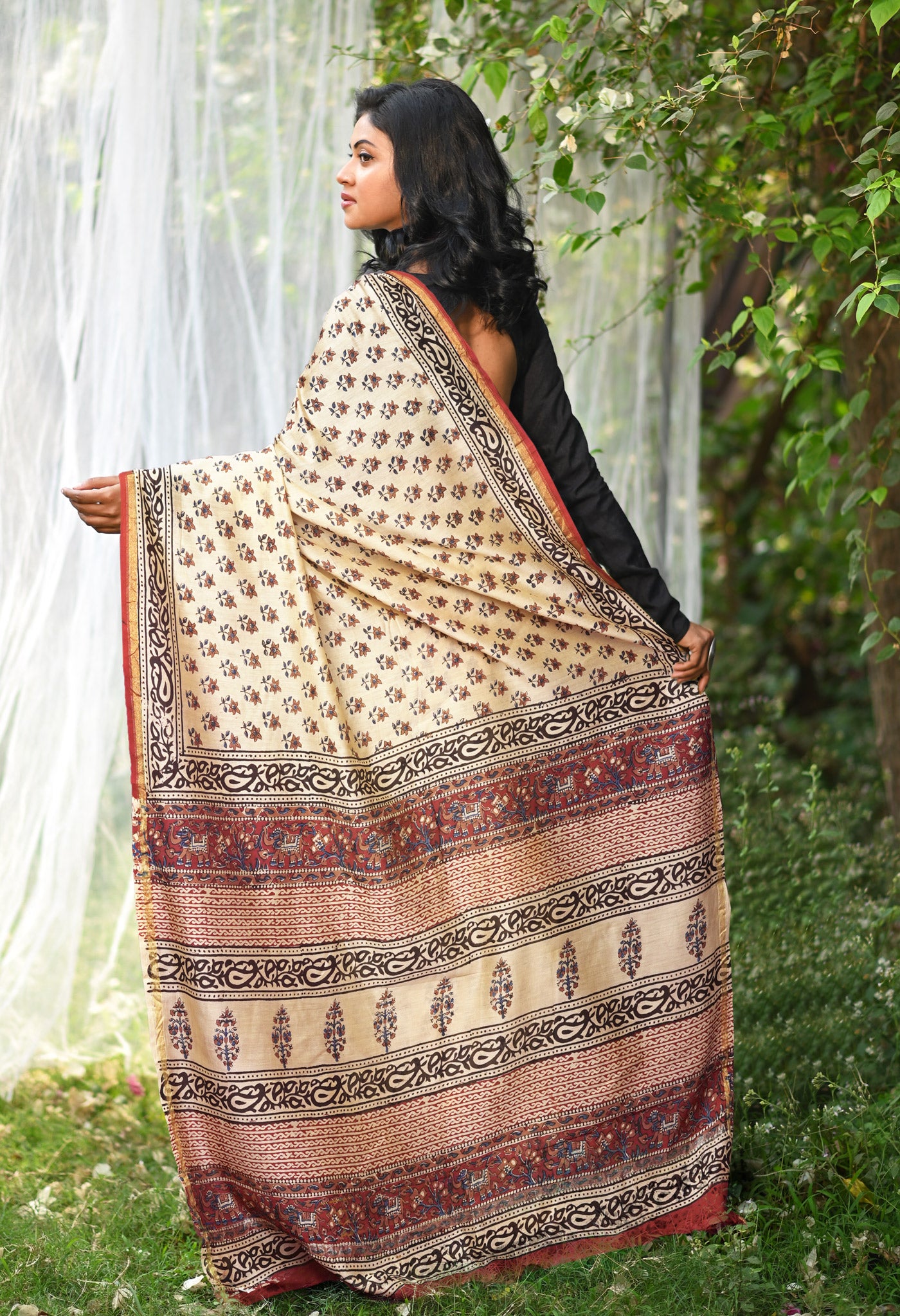 Cream Pure Bagru Kalamkari Printed Chanderi Sico Saree-UNM81813