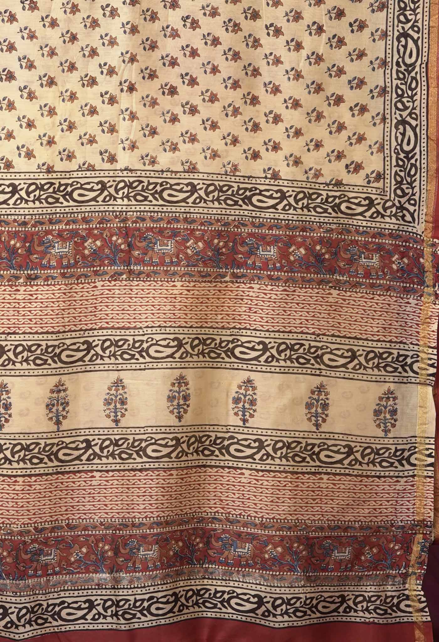 Cream Pure Bagru Kalamkari Printed Chanderi Sico Saree-UNM81813