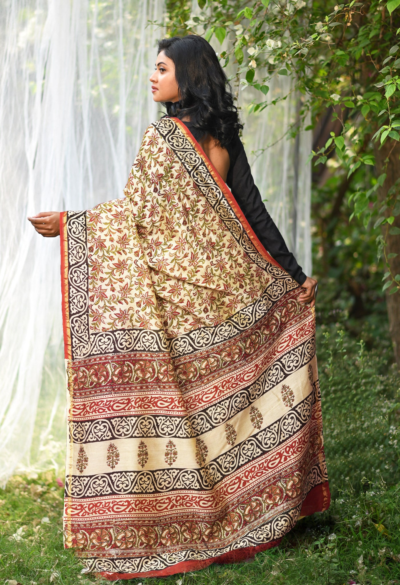 Cream Pure Bagru Kalamkari Printed Chanderi Sico Saree-UNM81815