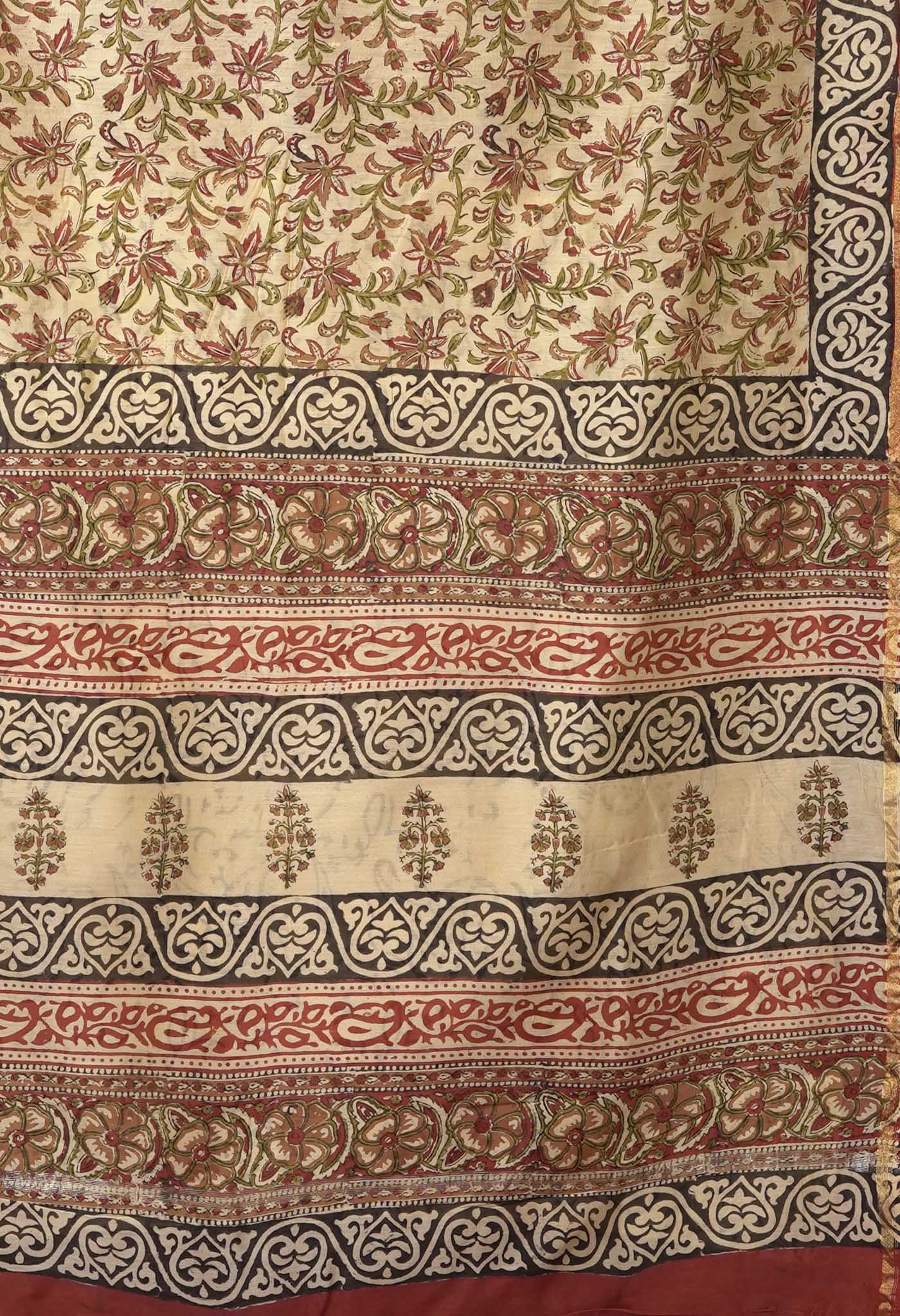 Cream Pure Bagru Kalamkari Printed Chanderi Sico Saree-UNM81815