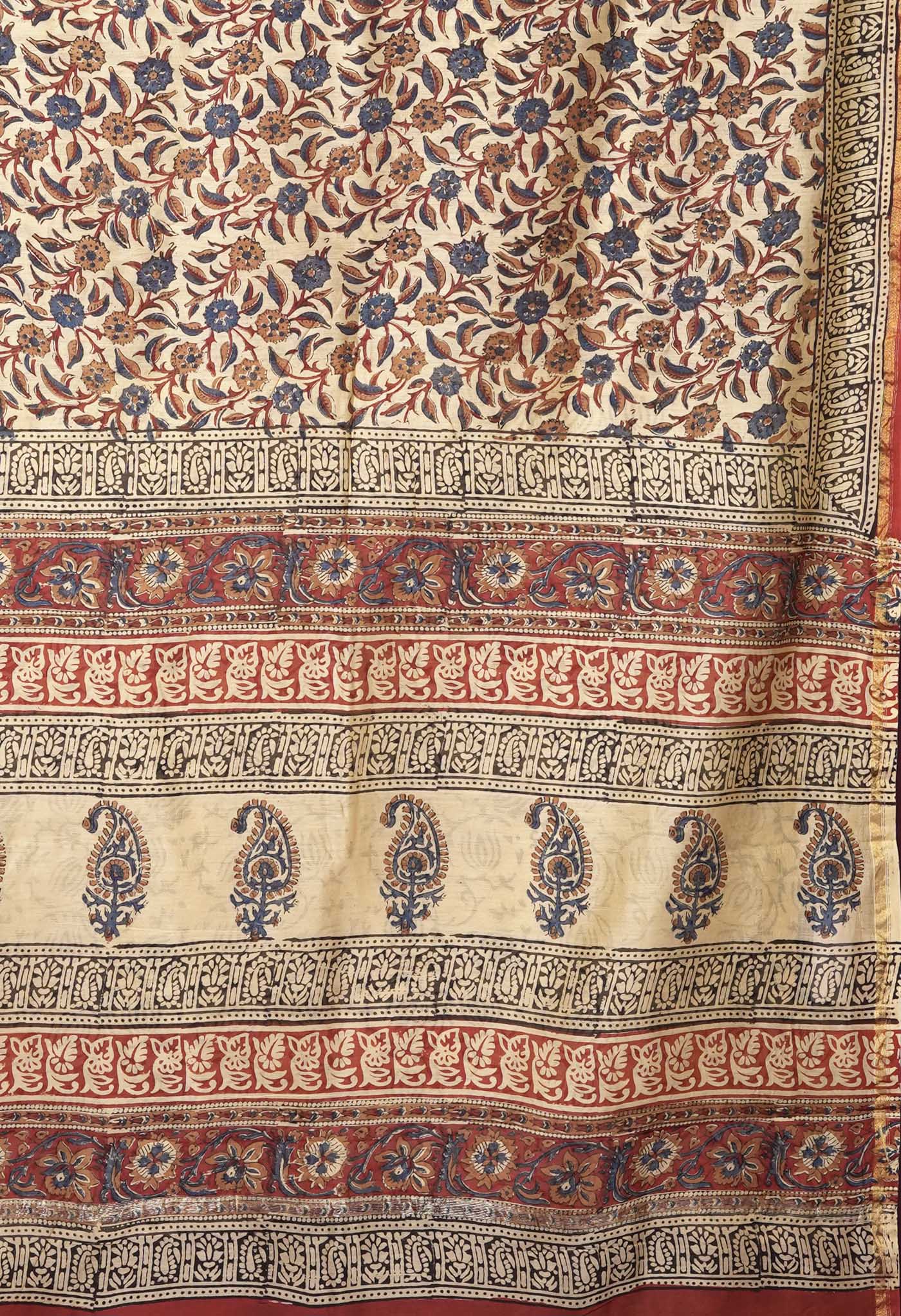 Cream Pure Bagru Kalamkari Printed Chanderi Sico Saree-UNM81816