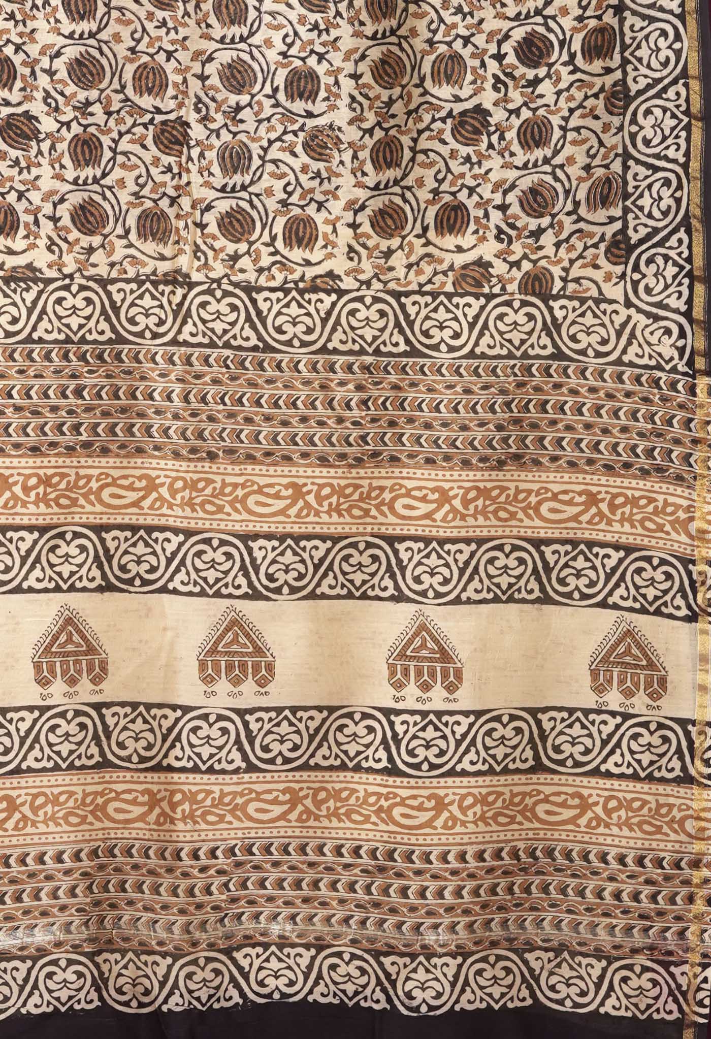 Cream Pure Bagru Kalamkari Printed Chanderi Sico Saree-UNM81817