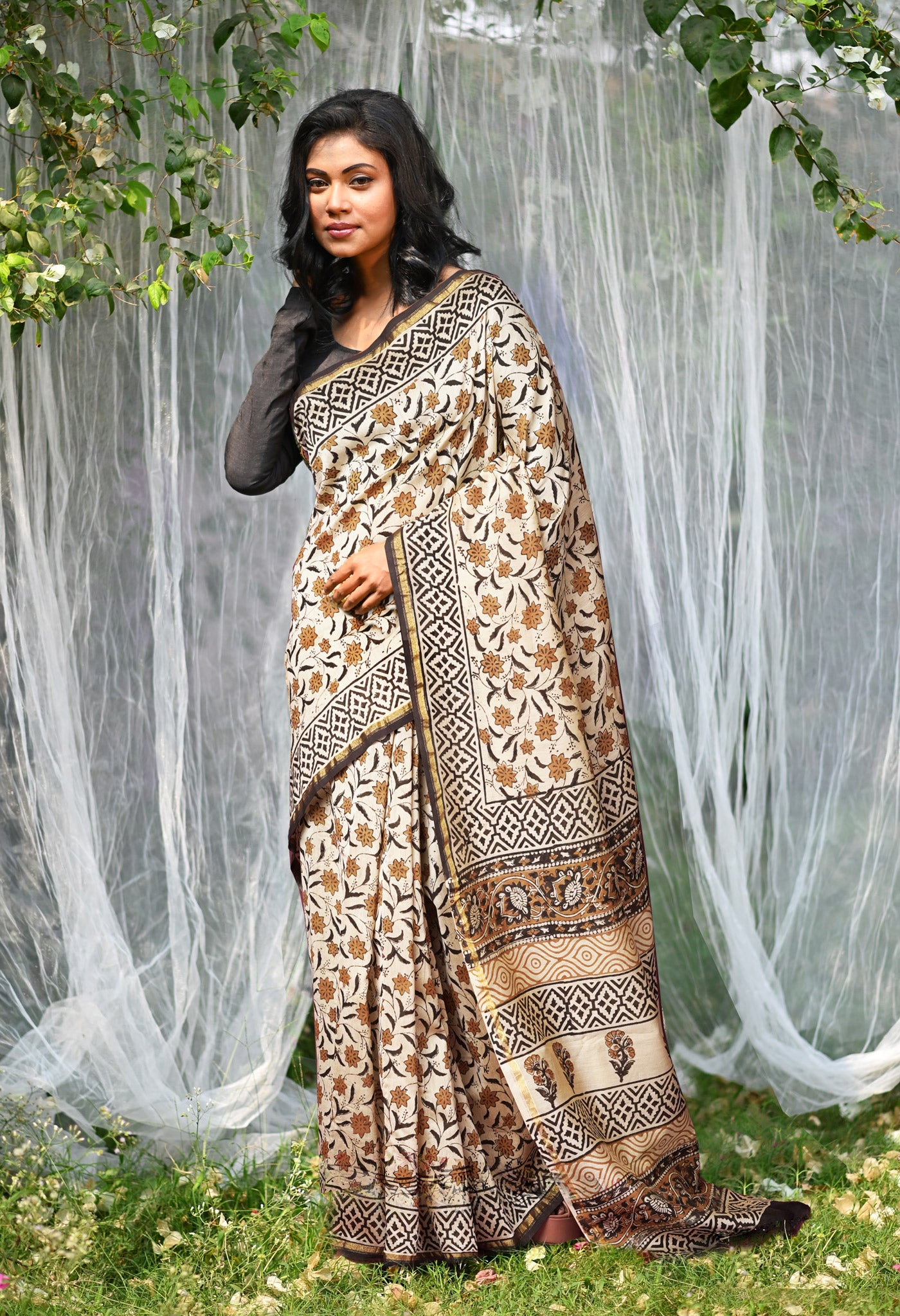 Cream Pure Bagru Kalamkari Printed Chanderi Sico Saree-UNM81820