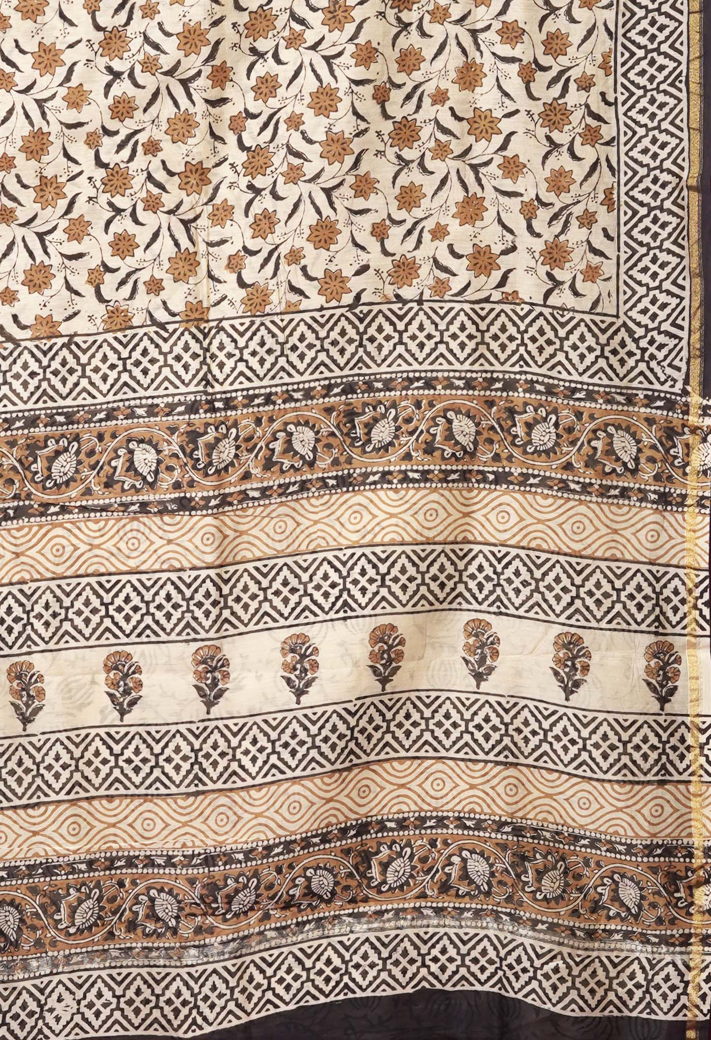 Cream Pure Bagru Kalamkari Printed Chanderi Sico Saree-UNM81820