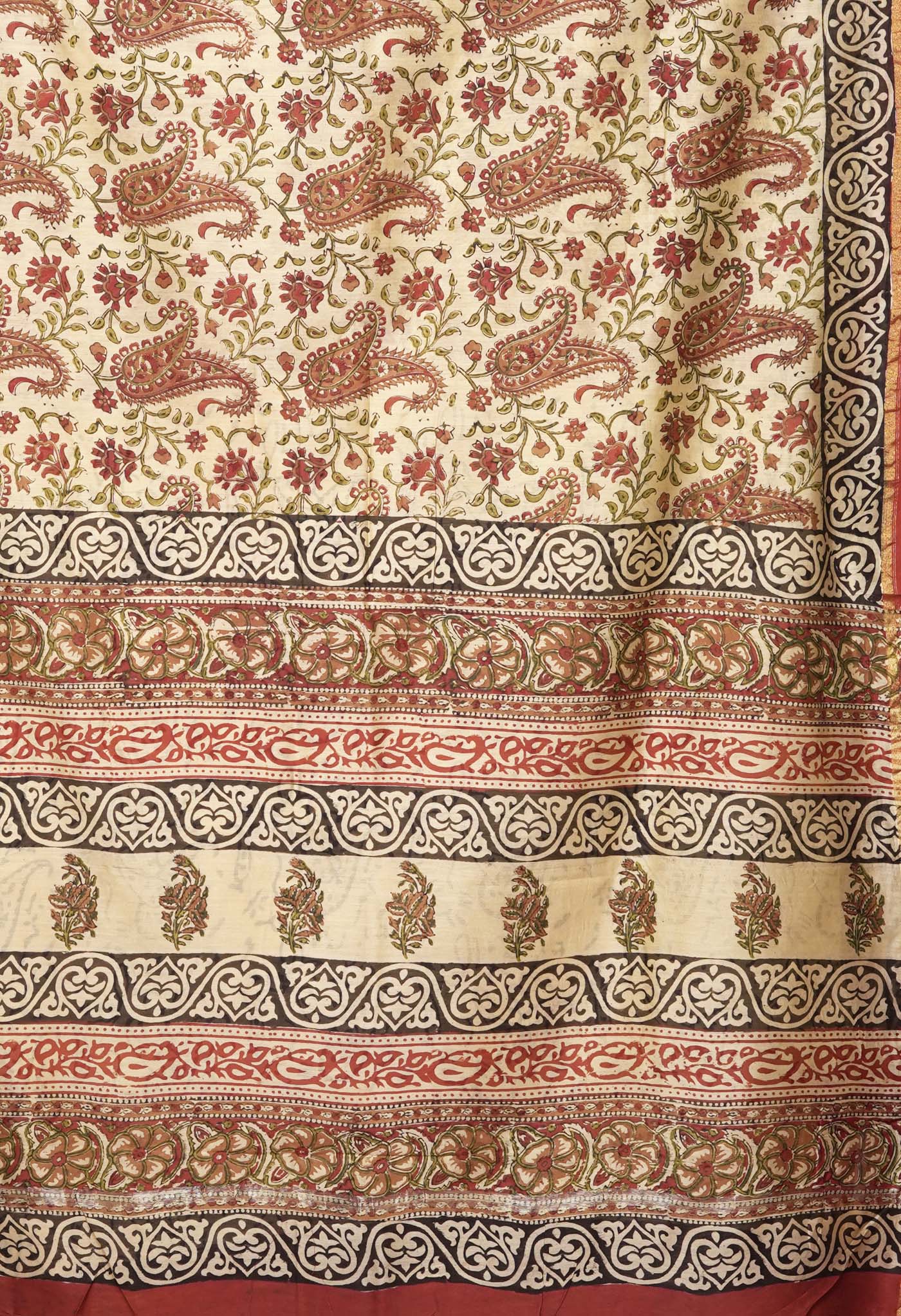 Cream Pure Bagru Kalamkari Printed Chanderi Sico Saree-UNM81821