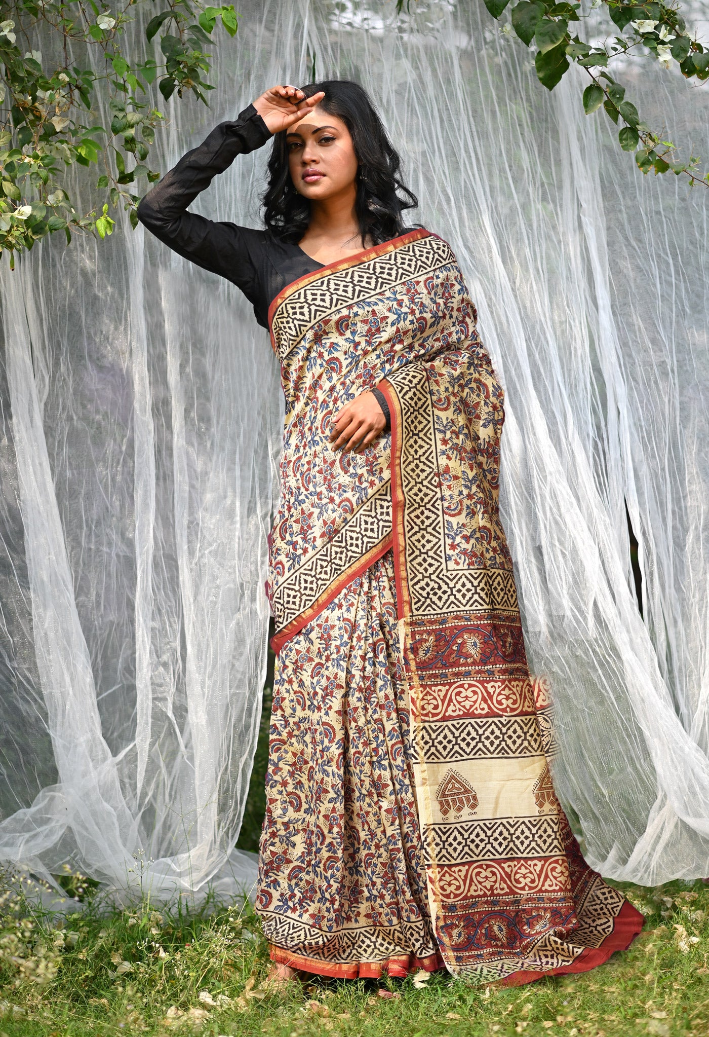 Cream Pure Bagru Kalamkari Printed Chanderi Sico Saree-UNM81824