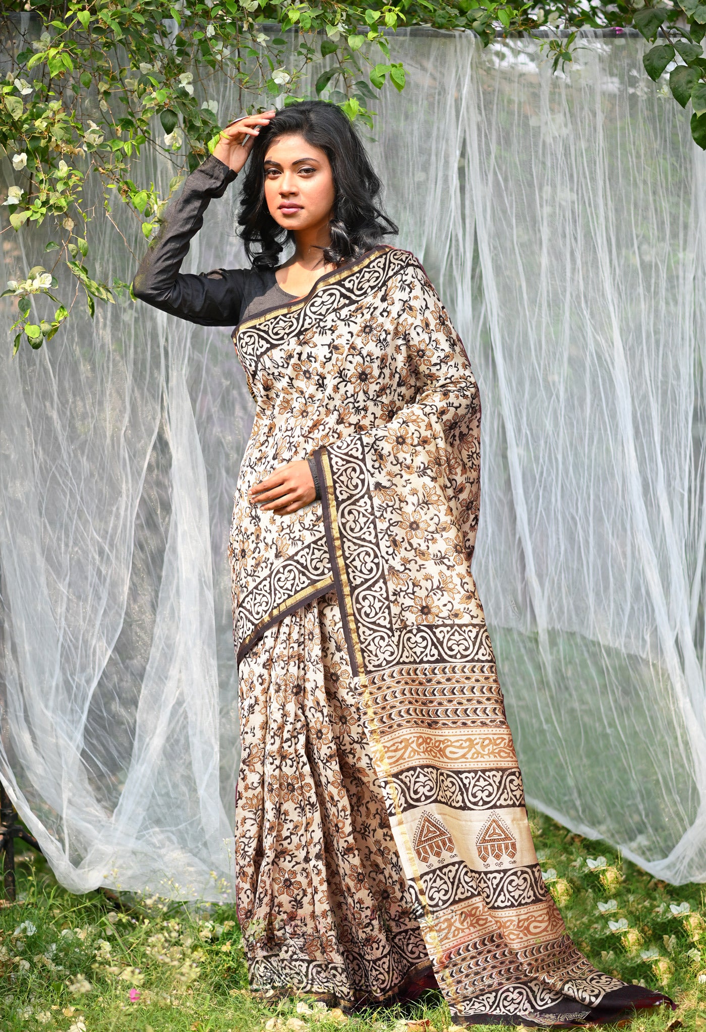 Cream Pure Bagru Kalamkari Printed Chanderi Sico Saree-UNM81825