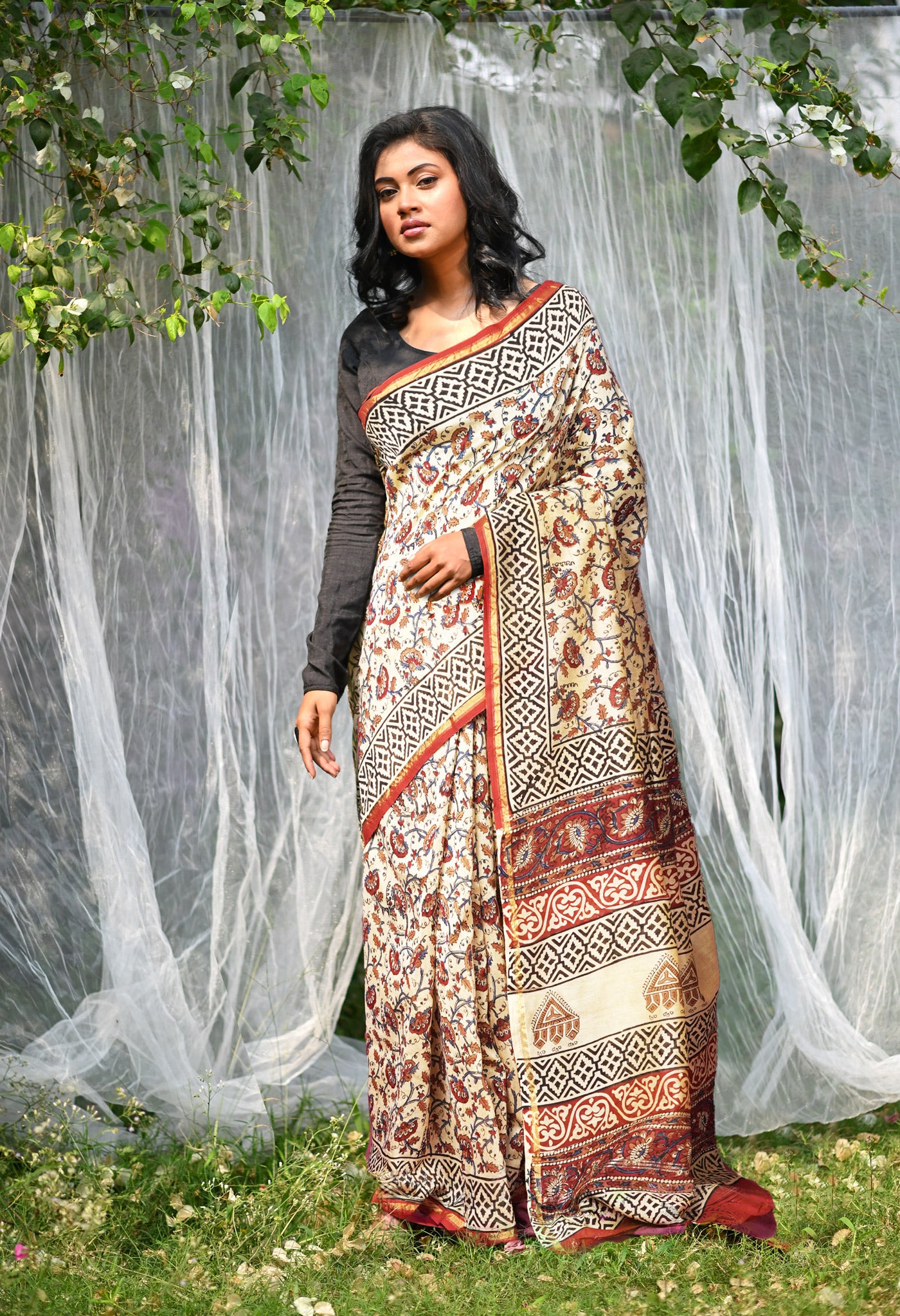 Cream Pure Bagru Kalamkari Printed Chanderi Sico Saree-UNM81826