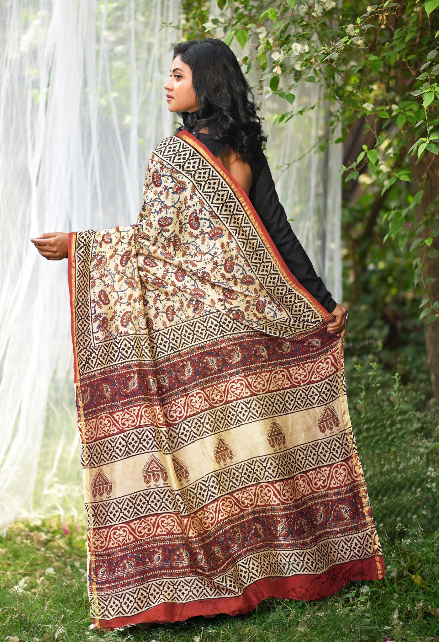 Cream Pure Bagru Kalamkari Printed Chanderi Sico Saree-UNM81826