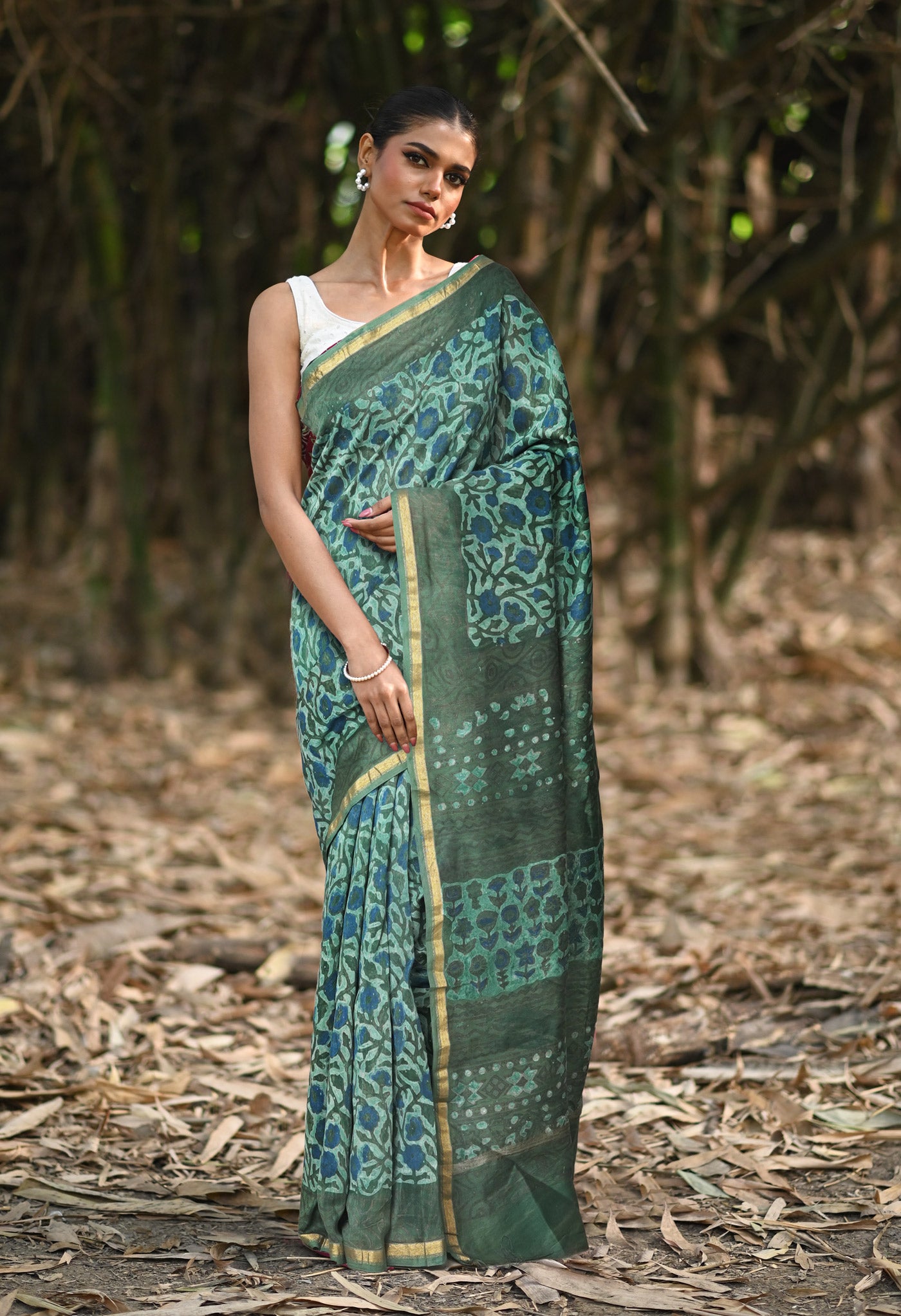 Green Pure Vanaspathi Block Printed Chanderi Sico Saree-UNM81833