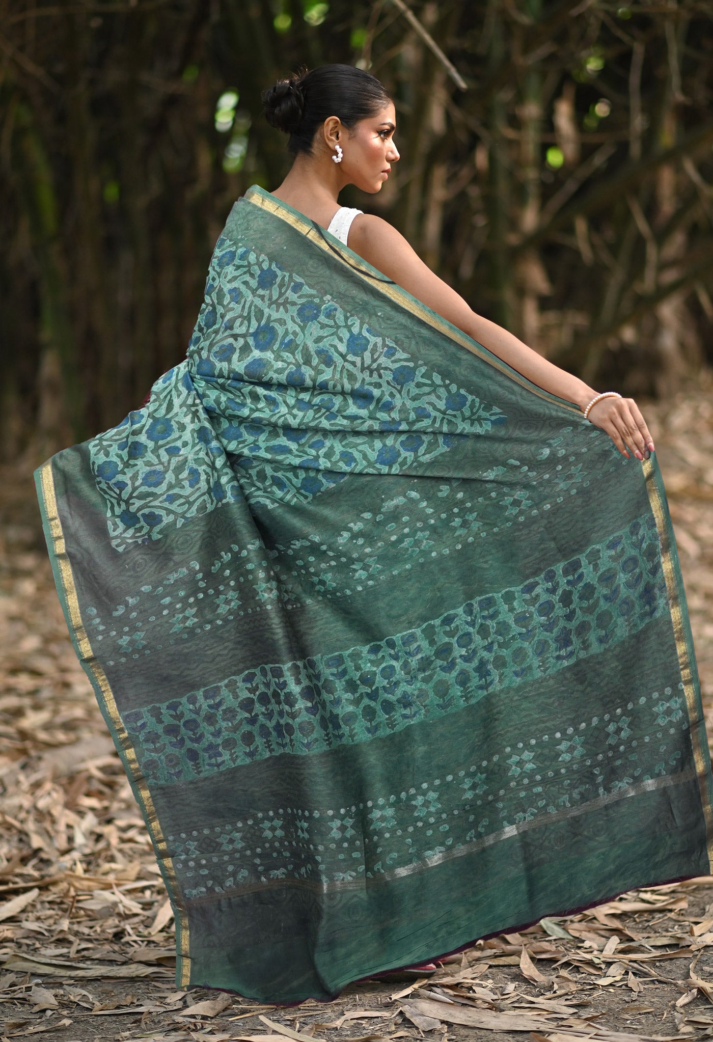 Green Pure Vanaspathi Block Printed Chanderi Sico Saree-UNM81833