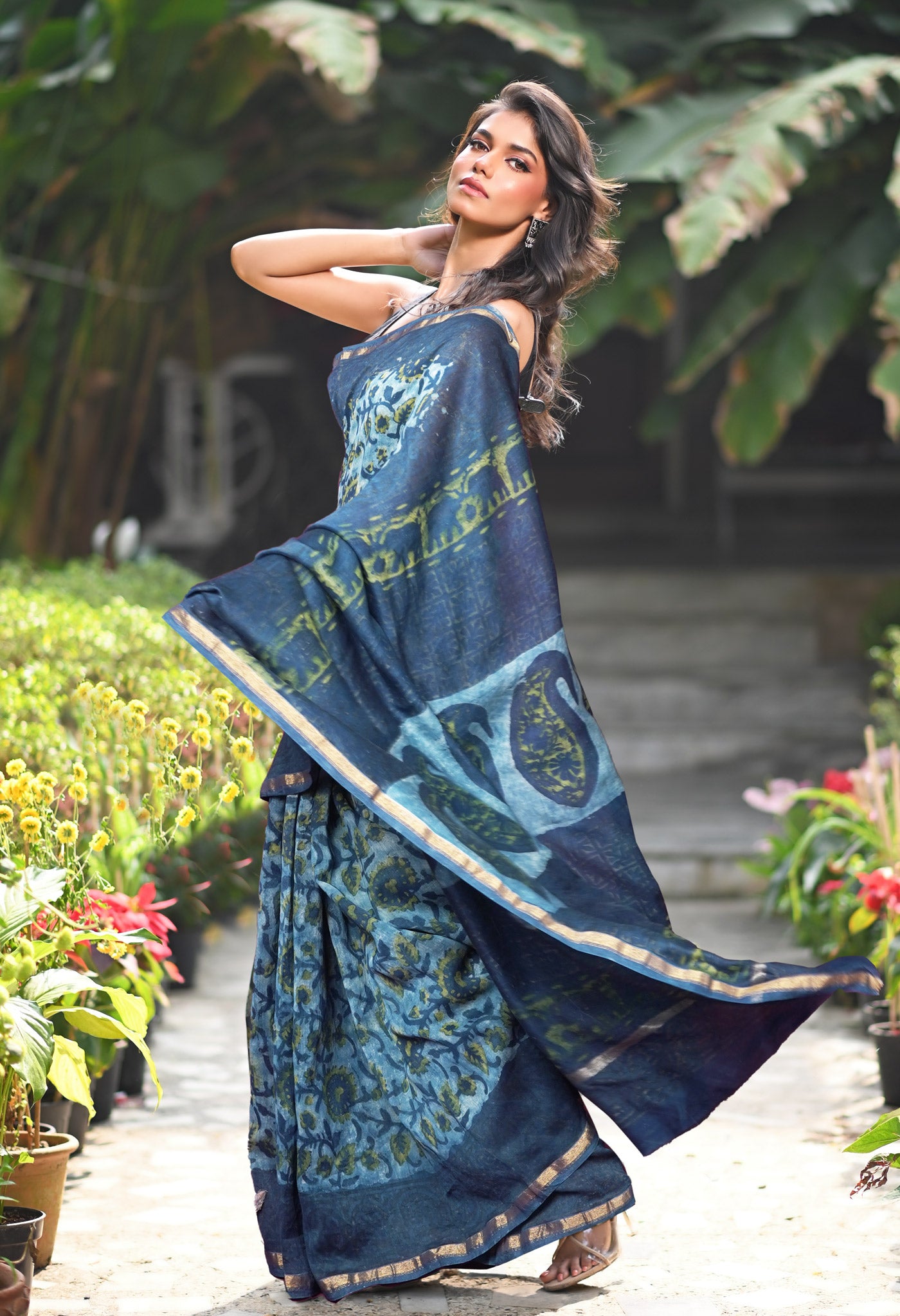 Blue Pure Vanaspathi Block Printed Chanderi Sico Saree-UNM81834