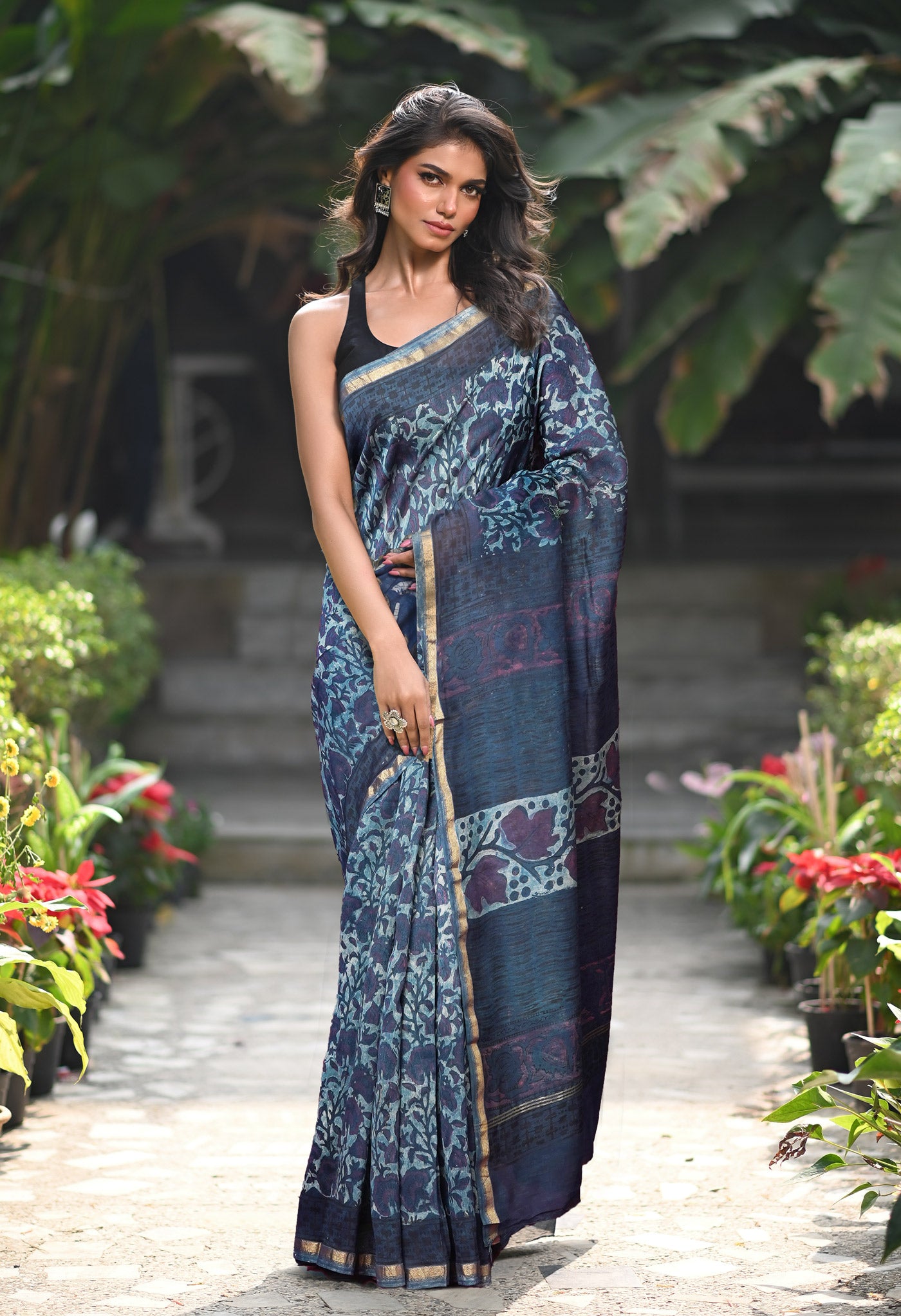 Blue Pure Vanaspathi Block Printed Chanderi Sico Saree-UNM81835