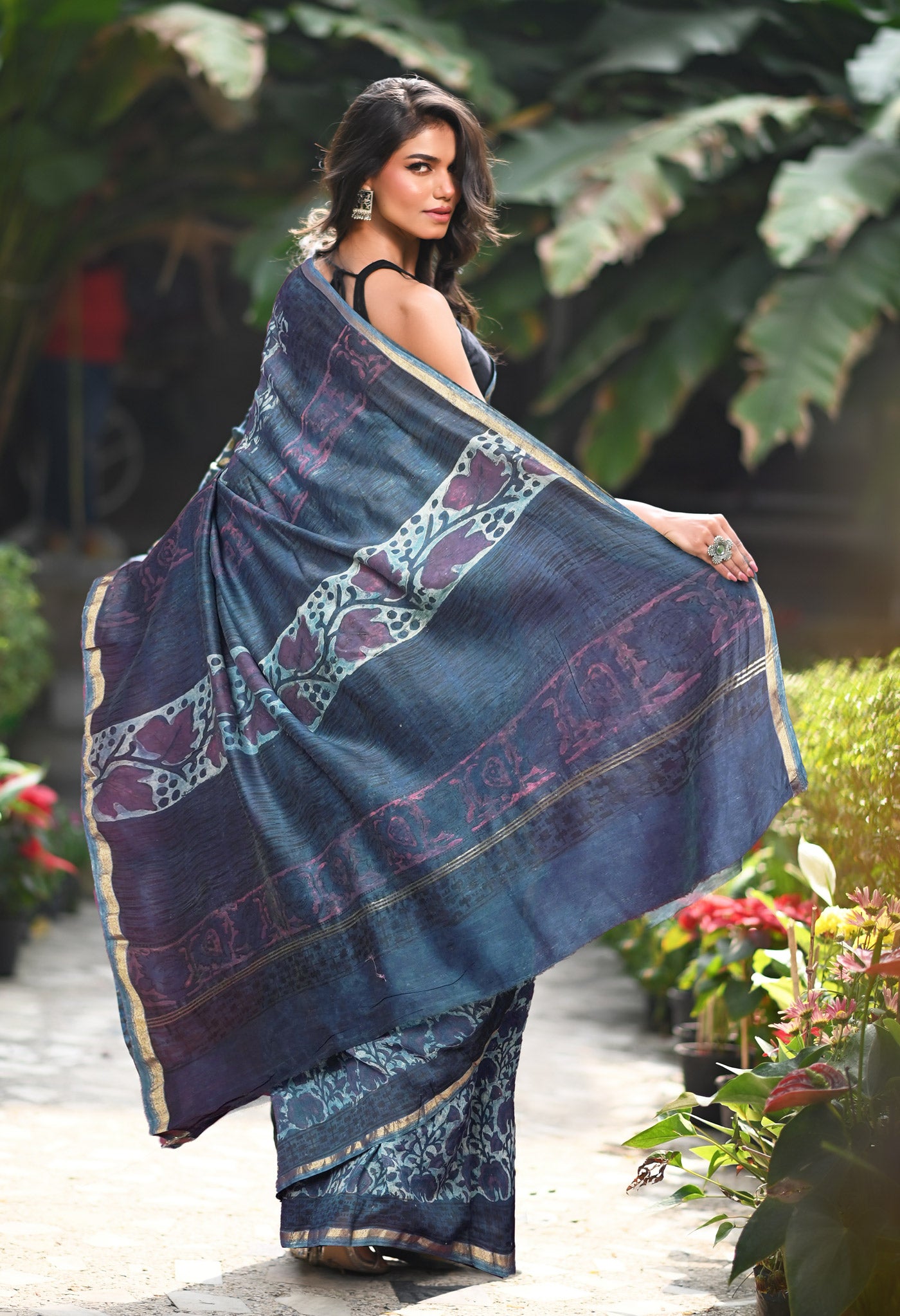 Blue Pure Vanaspathi Block Printed Chanderi Sico Saree-UNM81835