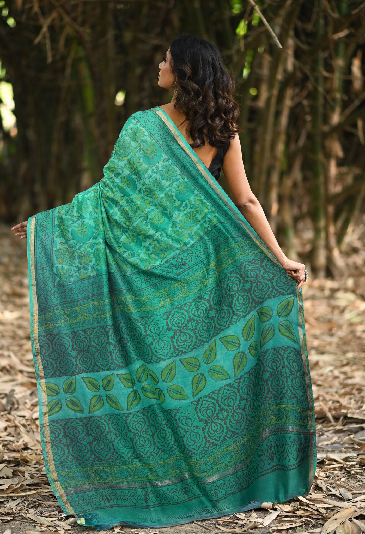 Turquoise Blue Pure Vanaspathi Block Printed Chanderi Sico Saree-UNM81836