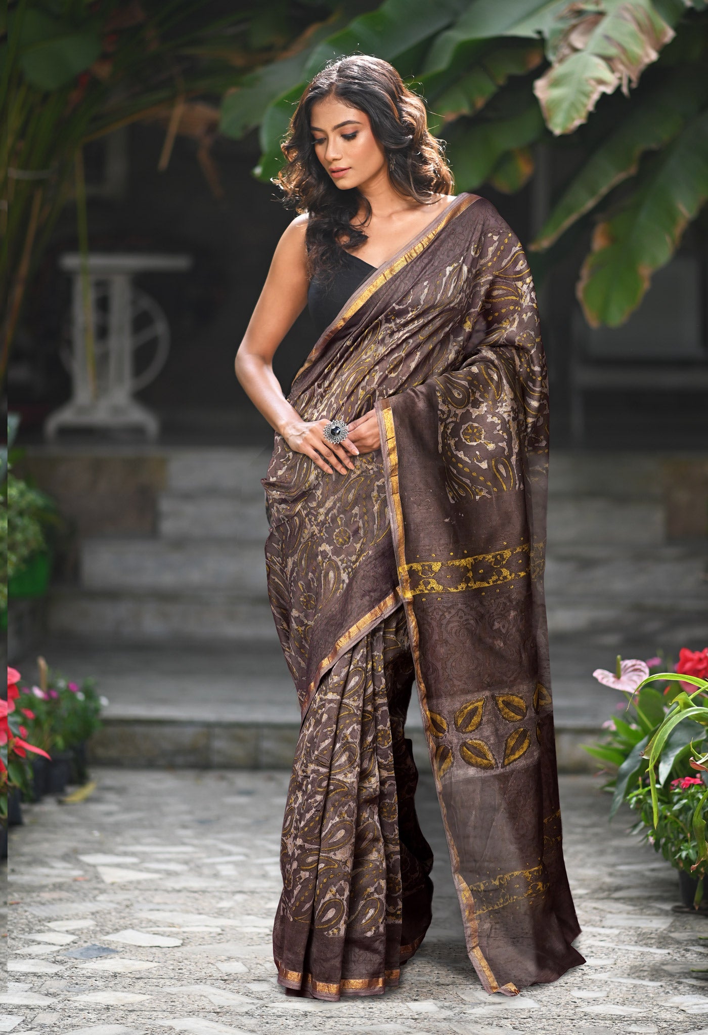 Grey Pure Vanaspathi Block Printed Chanderi Sico Saree-UNM81837