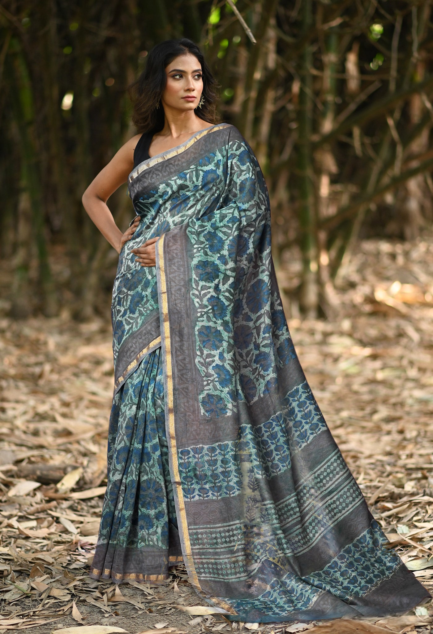 Bluish Grey Pure Vanaspathi Block Printed Chanderi Sico Saree-UNM81838