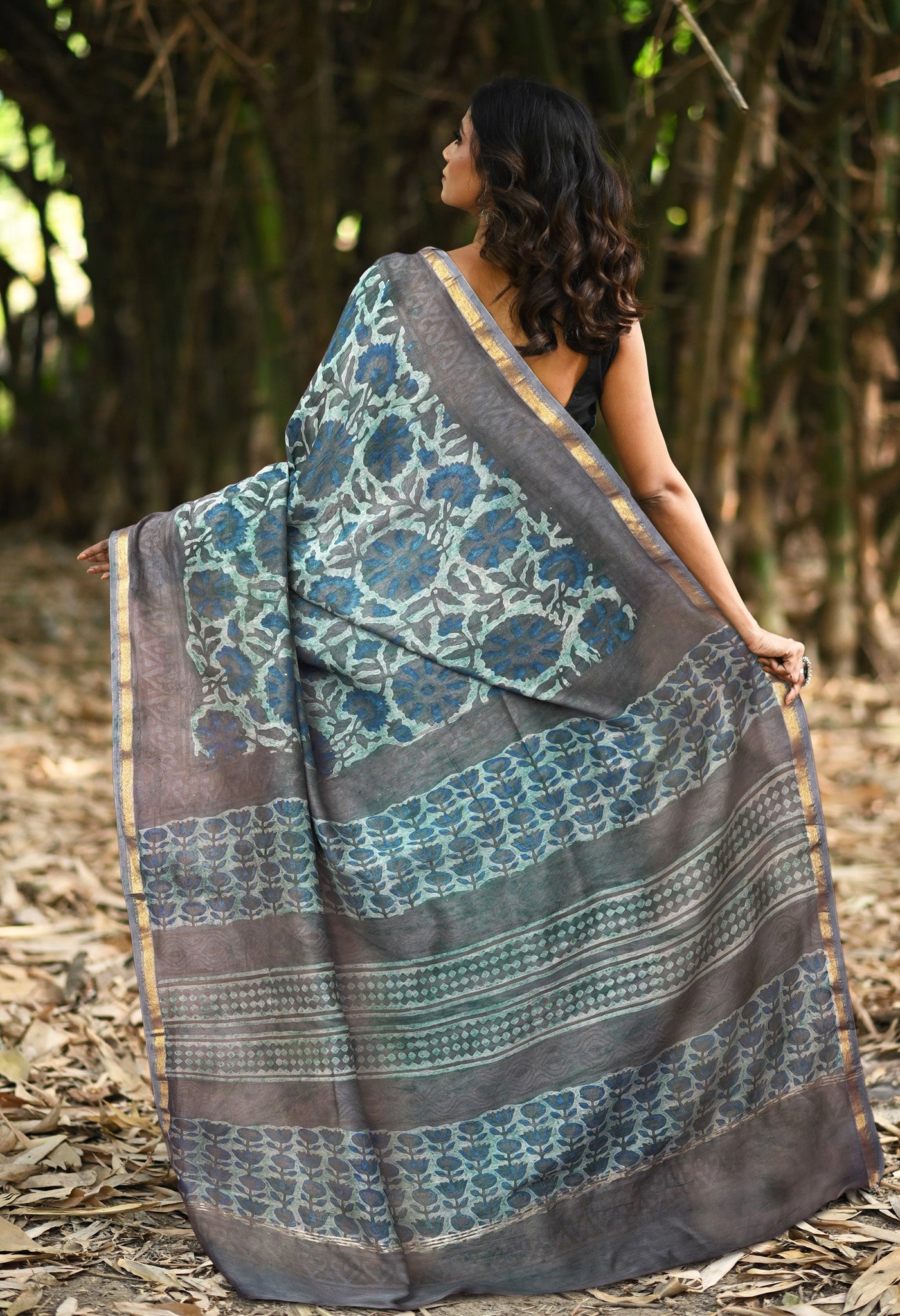 Bluish Grey Pure Vanaspathi Block Printed Chanderi Sico Saree-UNM81838