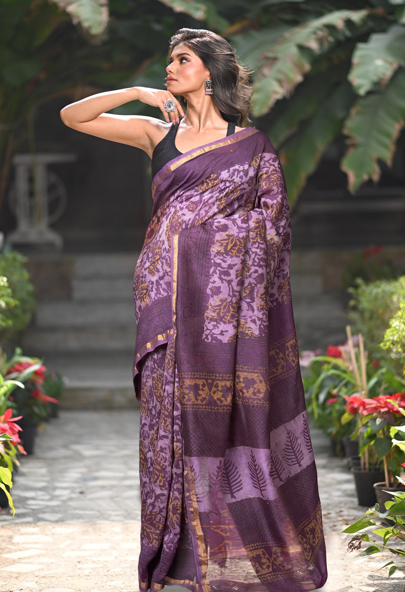 Violet Pure Vanaspathi Block Printed Chanderi Sico Saree-UNM81839