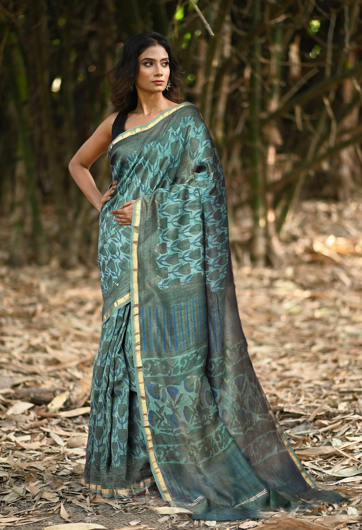 Green Pure Vanaspathi Block Printed Chanderi Sico Saree-UNM81840