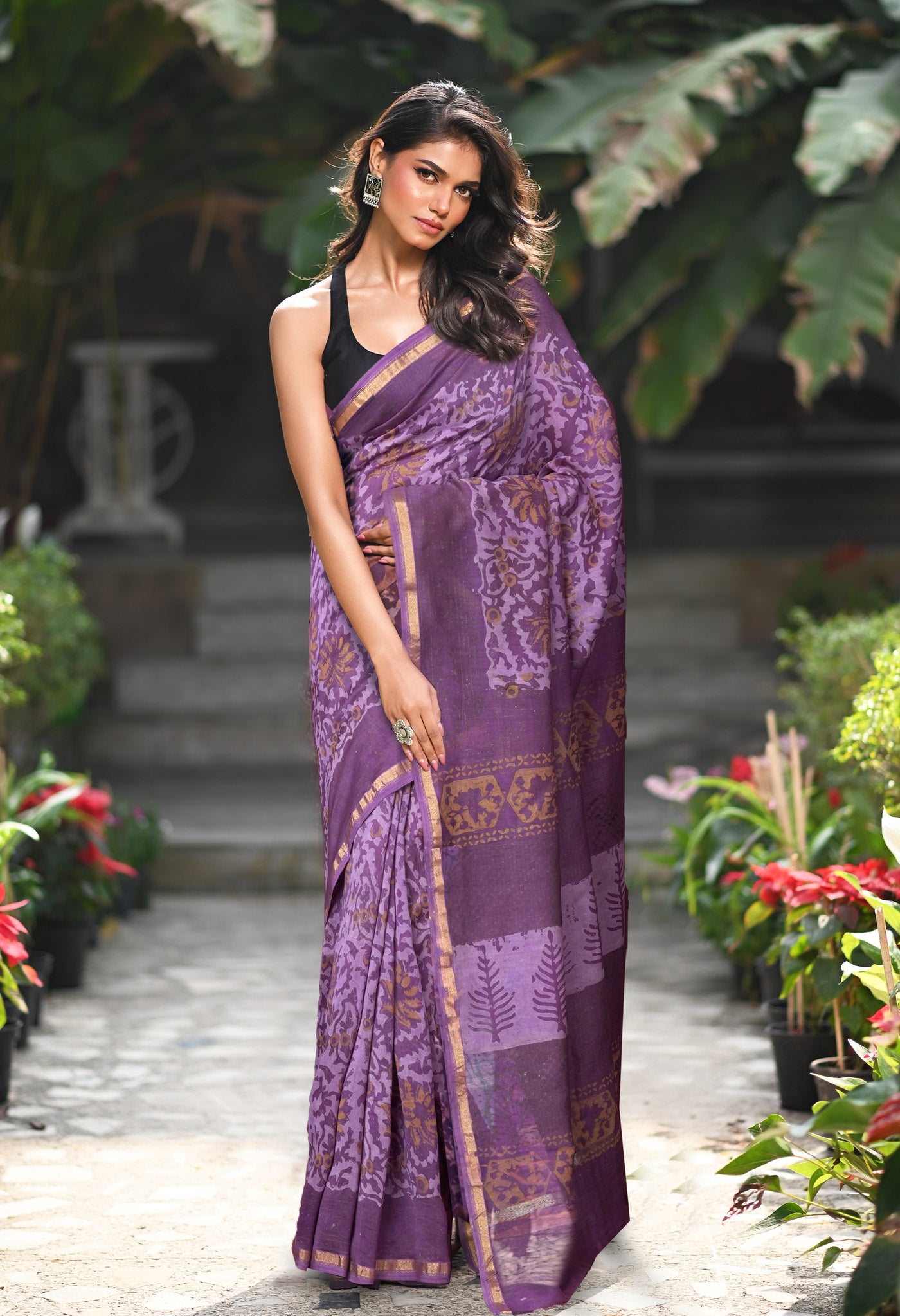 Violet Pure Vanaspathi Block Printed Chanderi Sico Saree-UNM81841