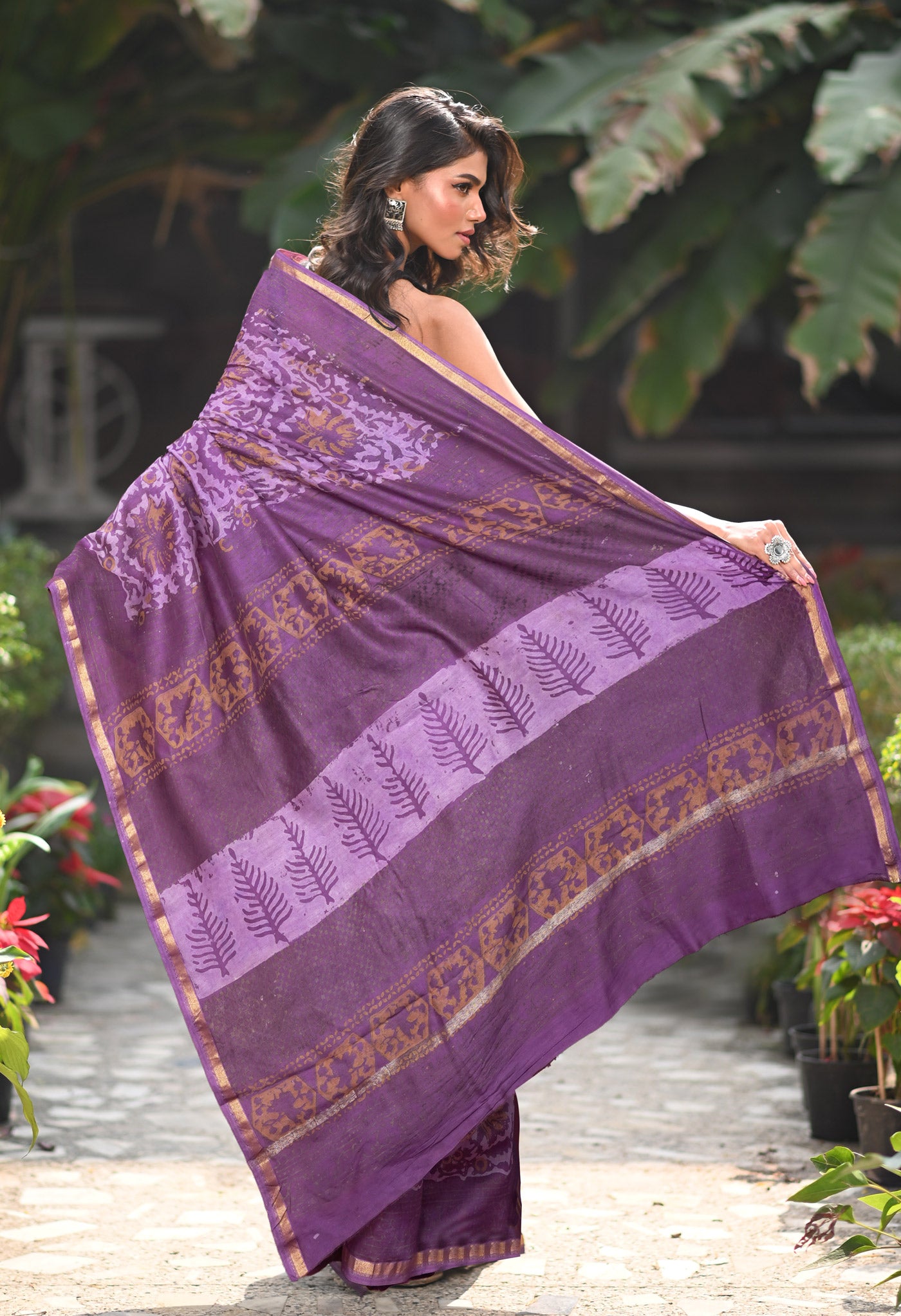 Violet Pure Vanaspathi Block Printed Chanderi Sico Saree-UNM81841