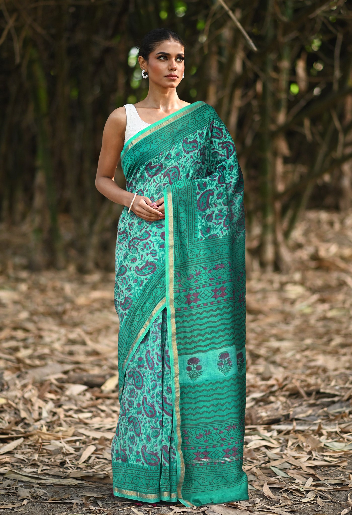 Turquoise Blue Pure Vanaspathi Block Printed Chanderi Sico Saree-UNM81842