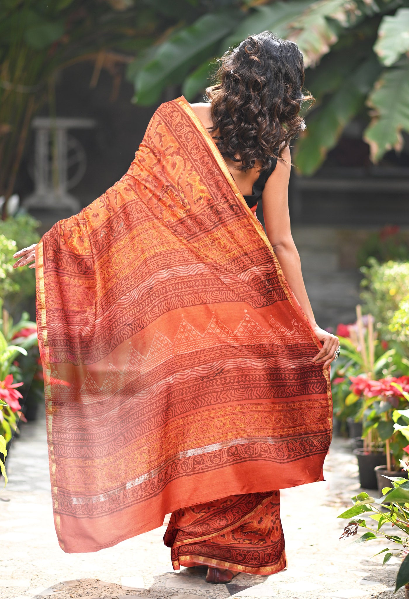 Orange Pure Vanaspathi Block Printed Chanderi Sico Saree-UNM81845