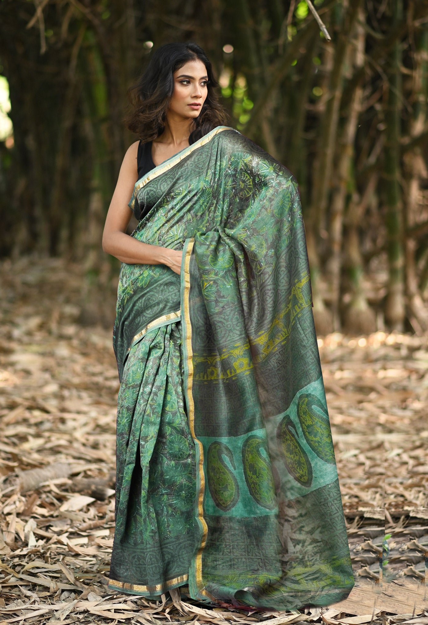 Green Pure Vanaspathi Block Printed Chanderi Sico Saree-UNM81847