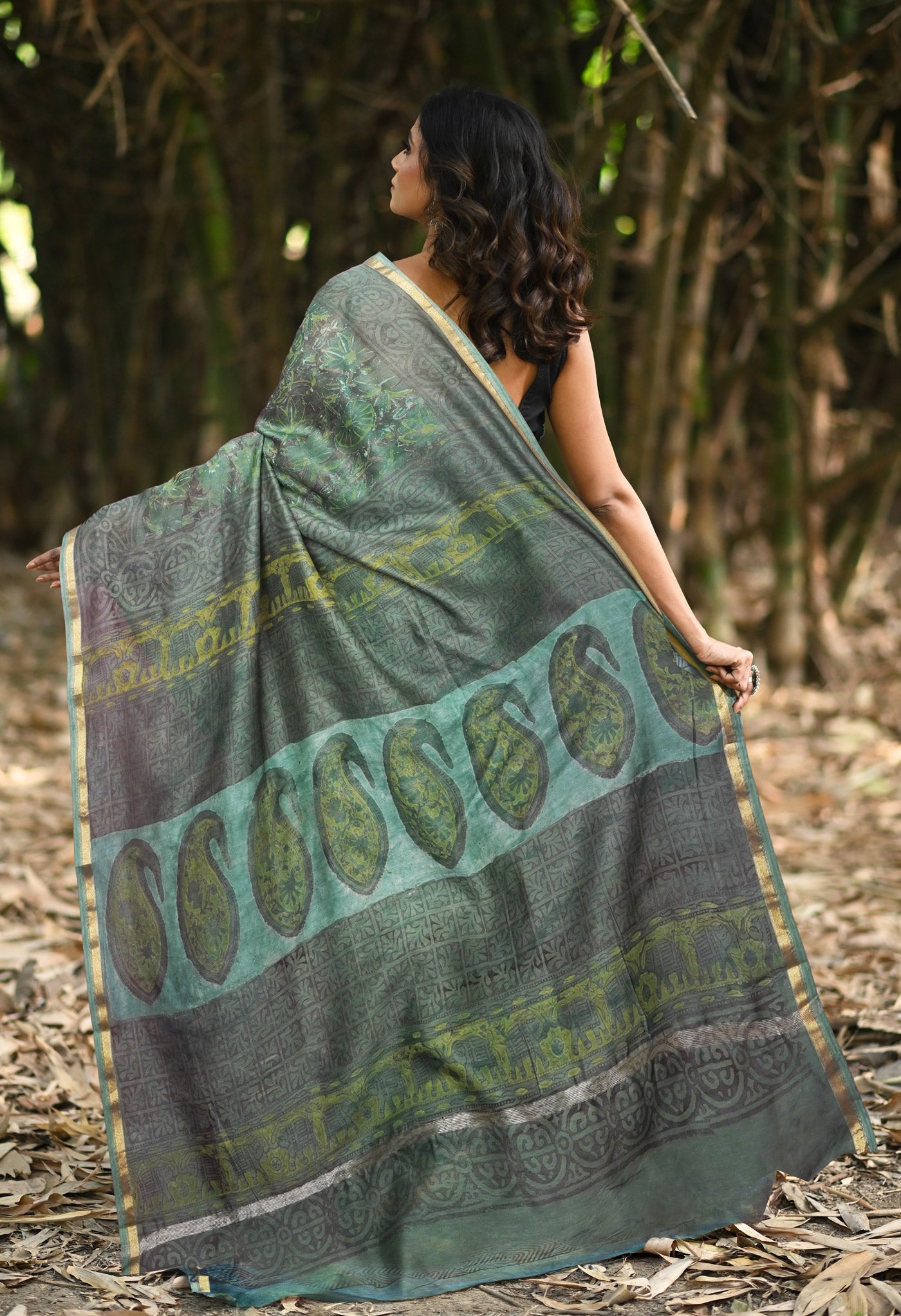 Green Pure Vanaspathi Block Printed Chanderi Sico Saree-UNM81847