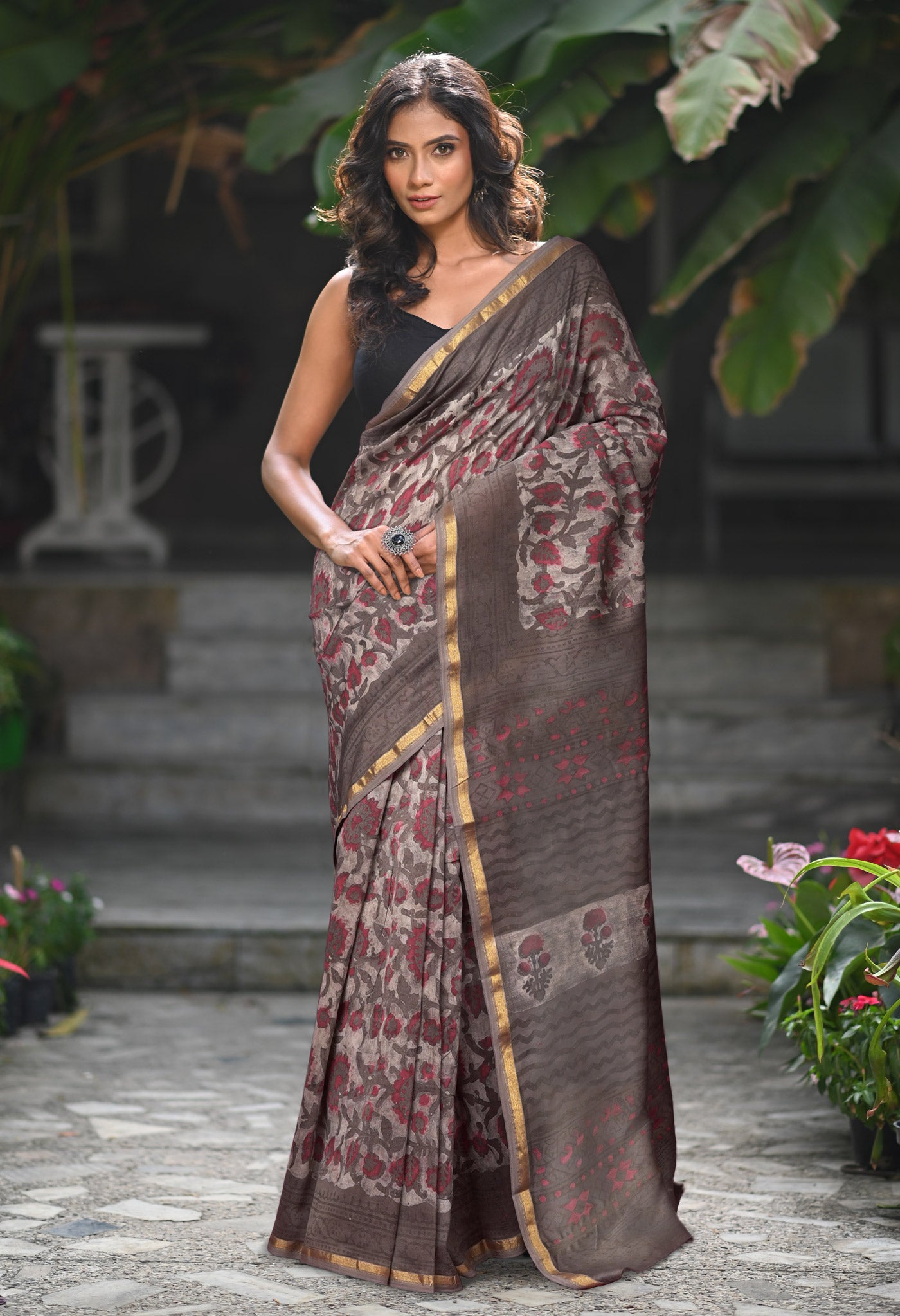 Grey Pure Vanaspathi Block Printed Chanderi Sico Saree-UNM81849