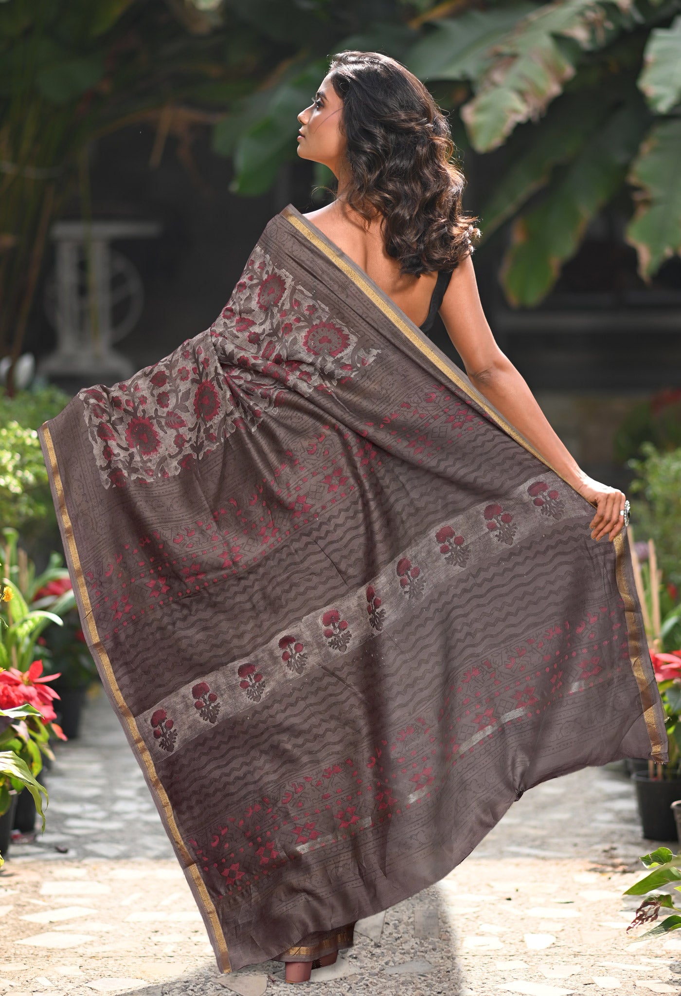 Grey Pure Vanaspathi Block Printed Chanderi Sico Saree-UNM81849